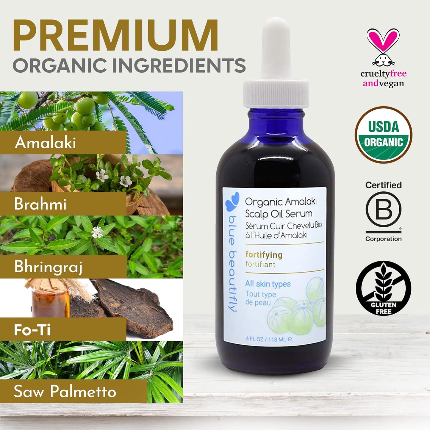 Blue Beautifly Organic Amla Oil for Scalp Serum - Strengthens Hair Follicles, Restores Growth, and Treats Dandruff-USDA Certified Organic - Enriched with Rosemary Oil and Ayurvedic Herbs - 4 fl oz