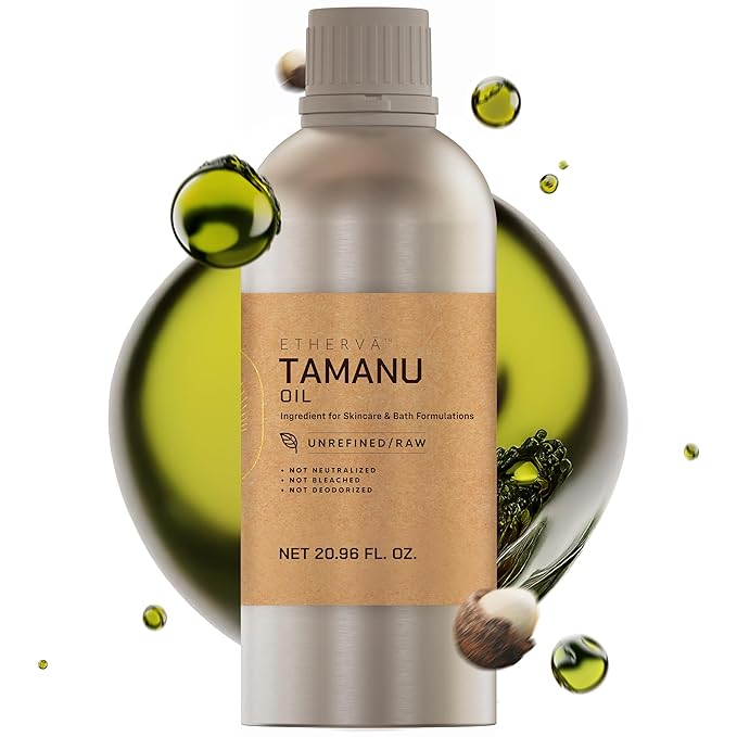 ETHERVA Tamanu Oil | No Chemicals | Natural Scent | Unrefined, Raw, Cold Pressed, Solidifies in Winter | Wild Grown Organic Indian Origin | DIY Face, Body, Scalp & Hair | Aluminium Bottle 20.9 Fl Oz