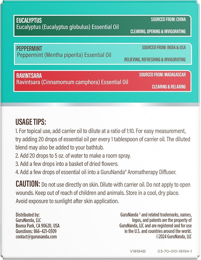 GuruNanda Breathe Essential Oil Set (Pack of 3 x 0.34 Fl Oz) - 100% Pure, Natural & Undiluted Diffuser Oils for Aromatherapy - Helps Support Clear Breathing - Suitable for Massages & DIY Recipes