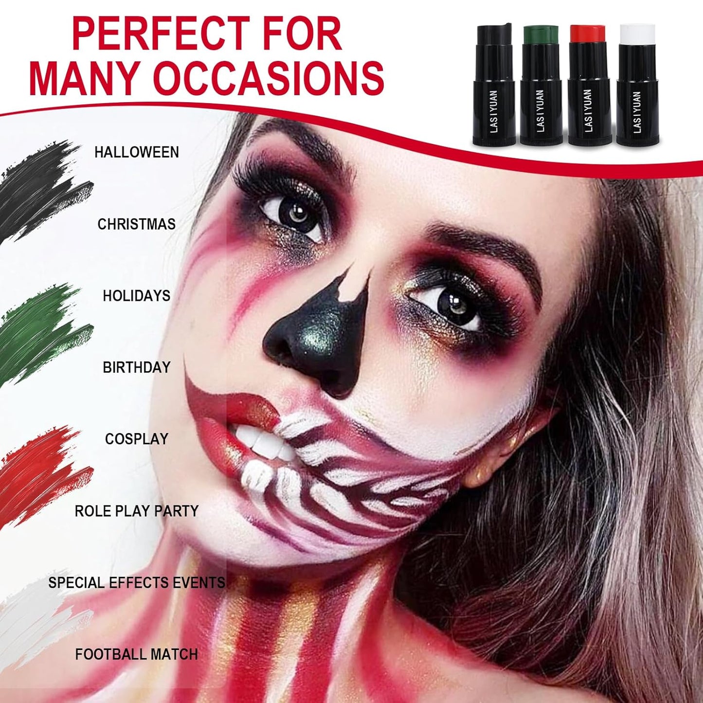Face Body Paint Stick (BLACK+WHITE +RED)，Water Resistant Sports Body Makeup Athletes Softball，Professional Halloween Face Makeup Kit ，for Halloween costume， Zombie Clown Vampire