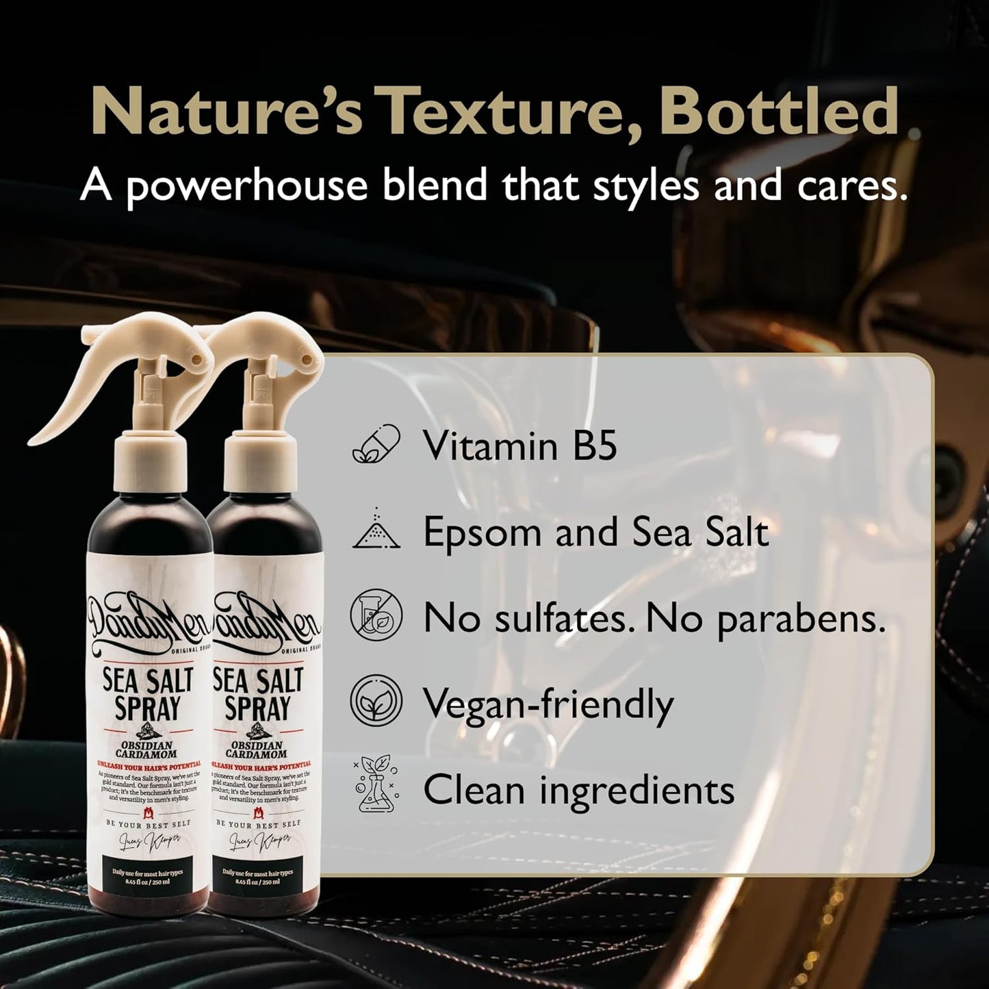 Sea Salt Spray – Lightweight Texture, Volume, and Flexible Hold with Epsom Salt & Pro-Vitamin B5 (2-pack, Obsidian Cardamom)