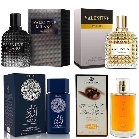 Men's Cologne Gift Set Include Valentine Milano,Valentine,Choco Musk & AZAD Blue - 3.4 Fl Oz Each | Vanilla Bourbon, Leather & Amber Floral Fragrance | Luxury Eau de Toilette Quartet