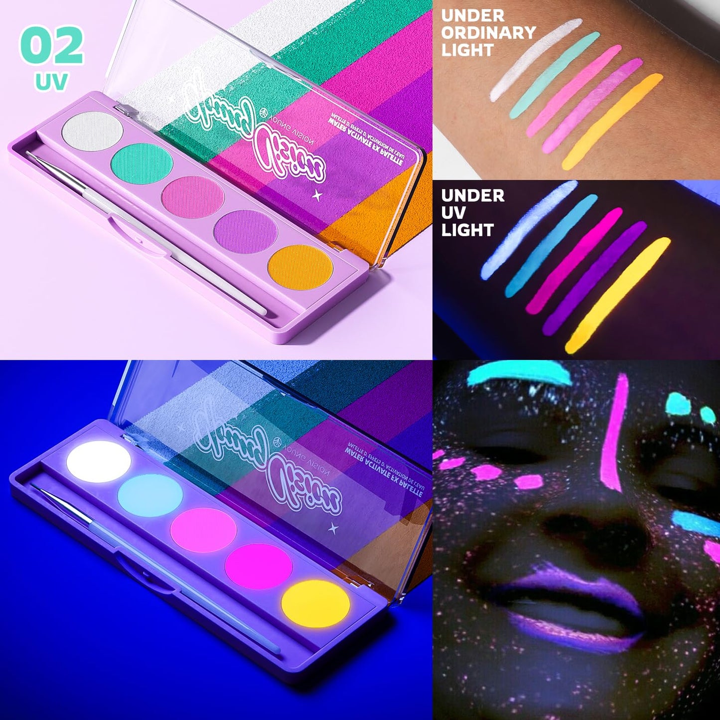 YOUNG VISION 2-PACK Water-Activated Face & Body Paint Palette Set – Neon Fluorescent, Glow Under UV and Blacklight, FX Makeup for Face Painting, Blacklight Glow, Eyeliner, and Body Art