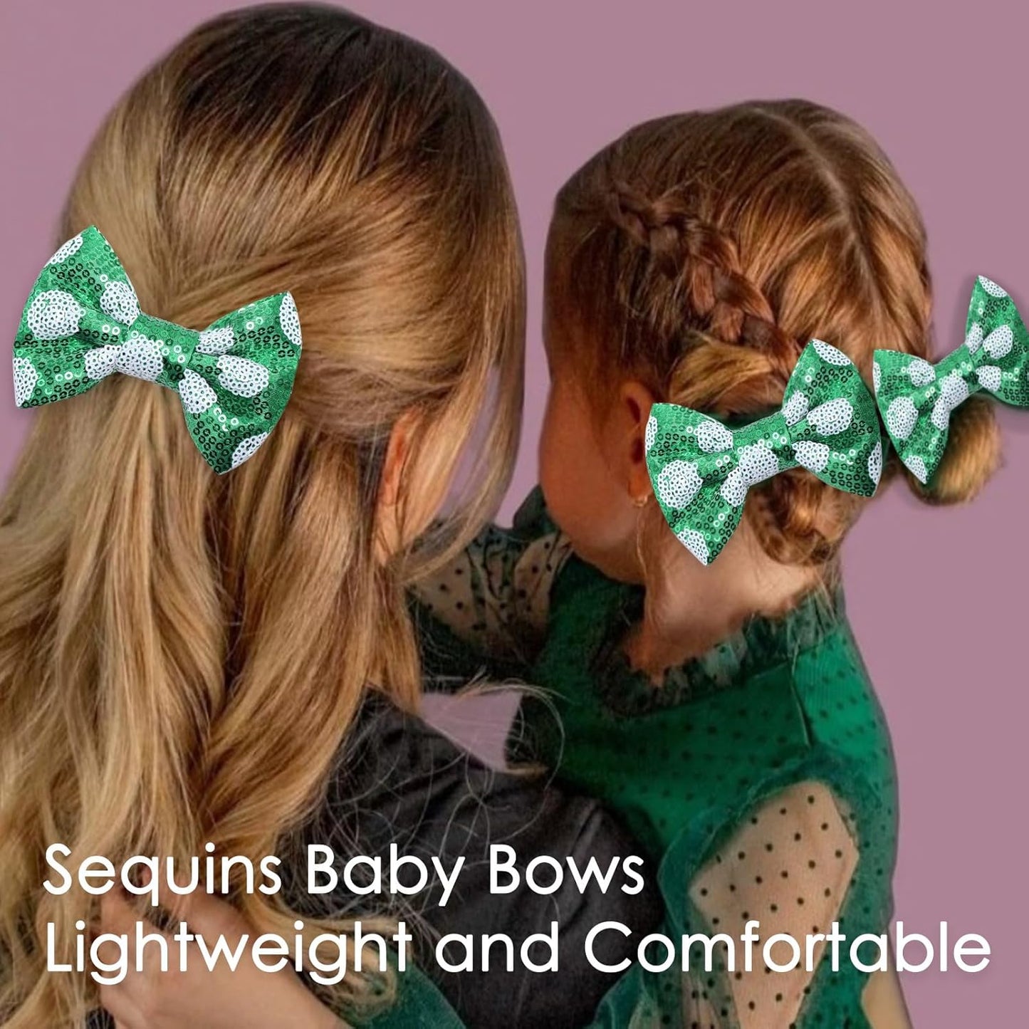 KISZU 4 Inch Sequin Glitter Hair Bows Clips, Sparkling Bling Little Bow HairPins Hair Accessories for Baby Girls Kids Children Teens and Women (Green Dot)