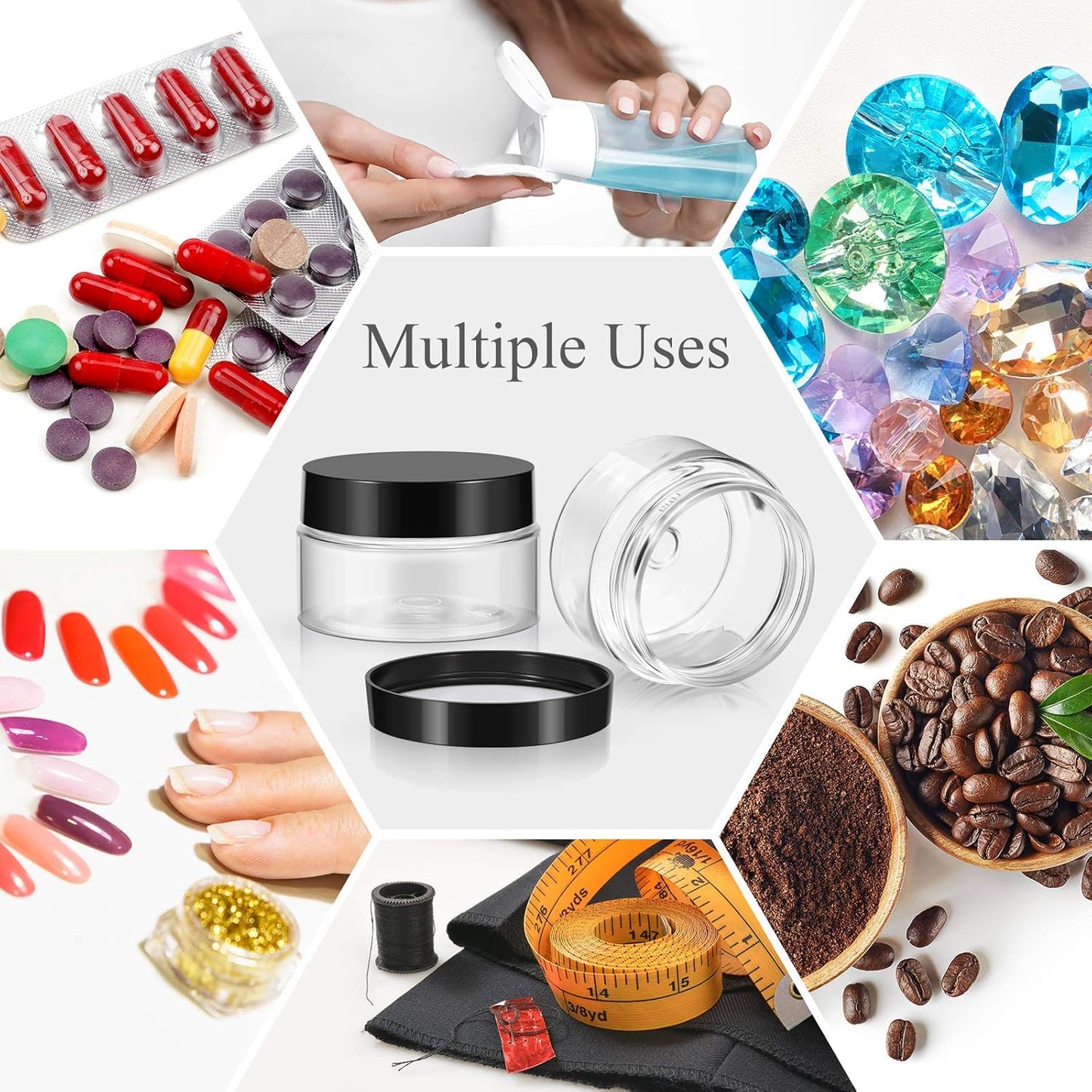 200 Pcs 2 oz Black Plastic Container Cosmetic Jars with Lid Round Plastic Jars Small Travel Containers for Storage Makeup Creams Lotion Ointments