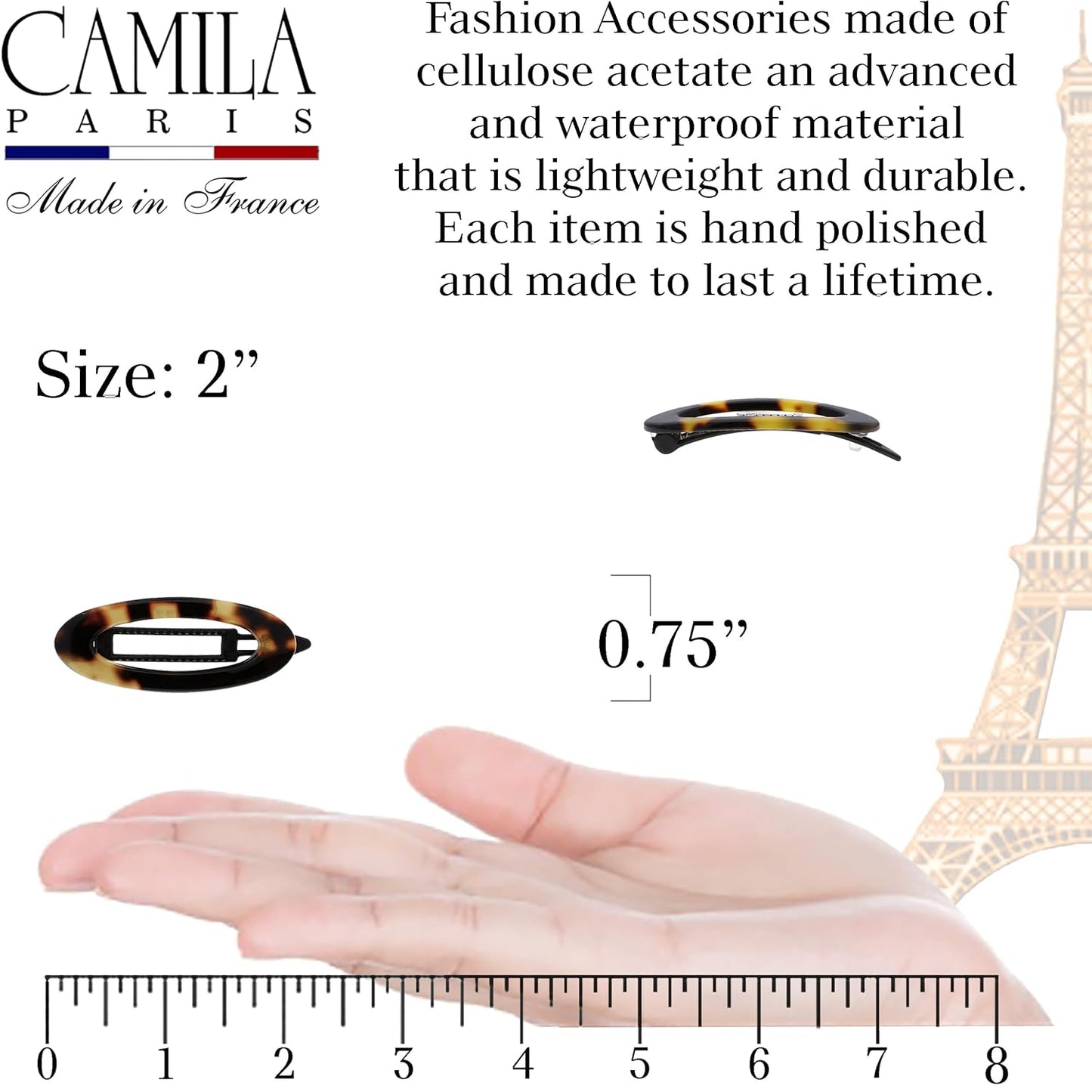 Camila Paris CP1993/2 French Hair Barrette Clip for Women, Handmade, Side Slide-in Metal-Free Closure Strong Hold Grip Hair Clips for Girls, No Slip Durable Styling Hair Accessories, Made in France