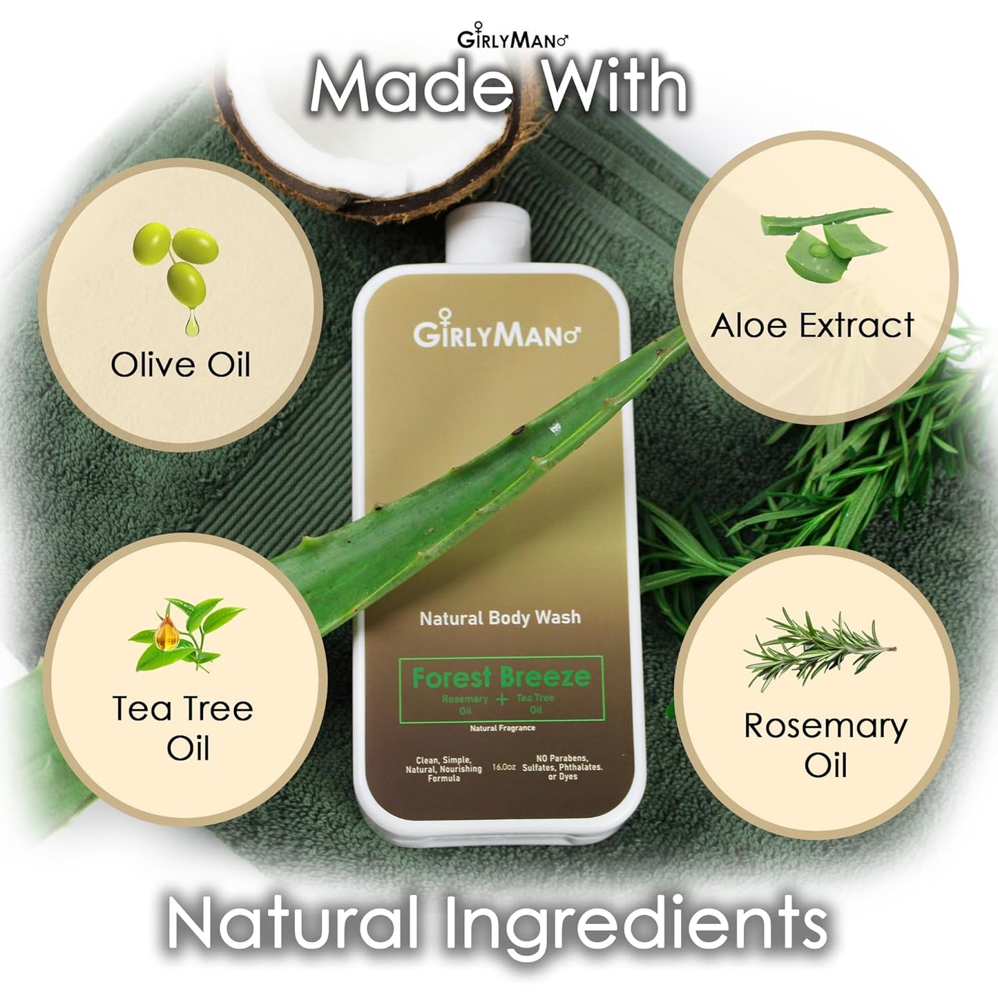 GirlyMan Natural Body Wash - Made with Olive Oil & Aloe Extract, No Artificial Fragrance, PH Balanced, Gentle Formula, Nourishing Ingredients, Family Owned (Rosemary Tea Tree)