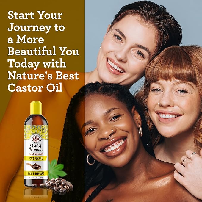 GuruNanda Castor Oil (8 Fl oz), 100% Pure, Cold Pressed & Hexane-Free, Hydrating Carrier Oil, Natural Castor Oil for Hair, Eyebrows & Eyelashes Growth