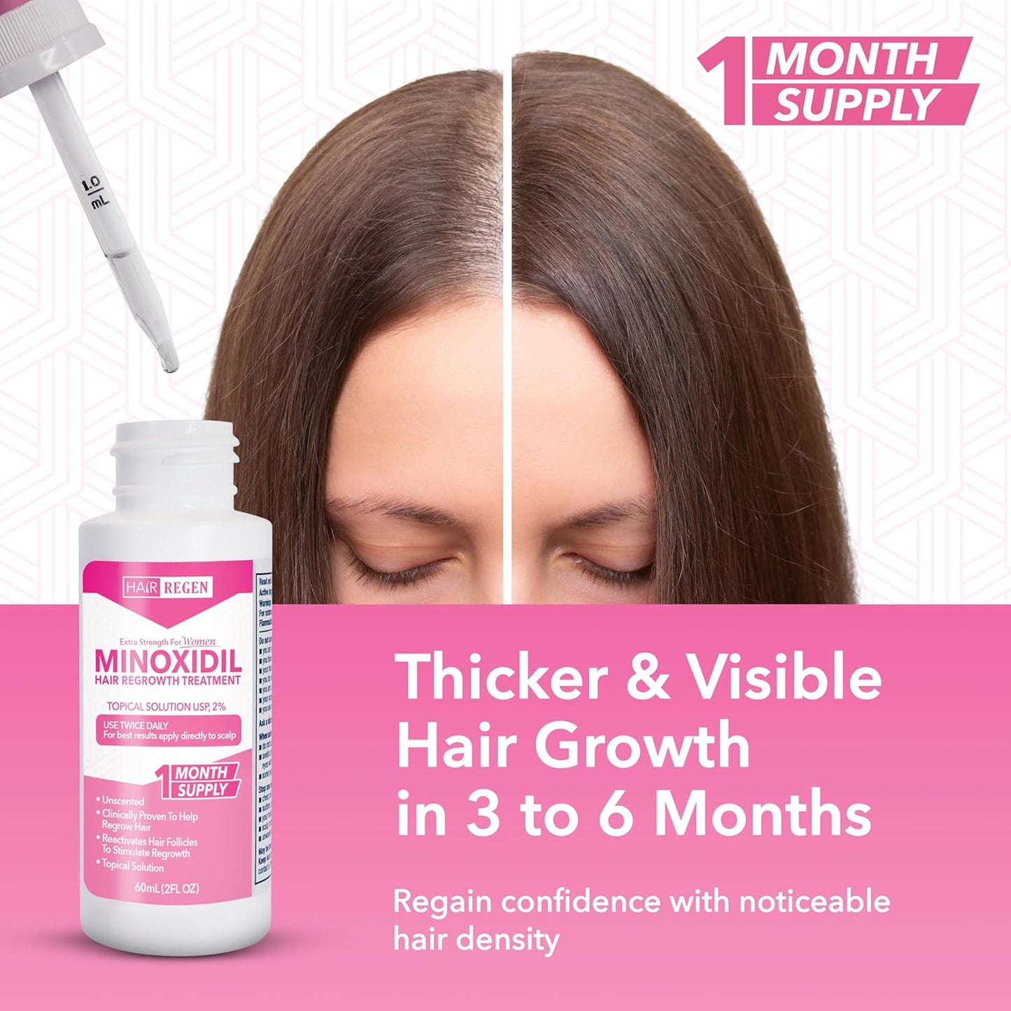 Minoxidil For Women 2% Hair Regrowth Treatment for Women, 1-Month Supply, Unscented, 2 fl oz