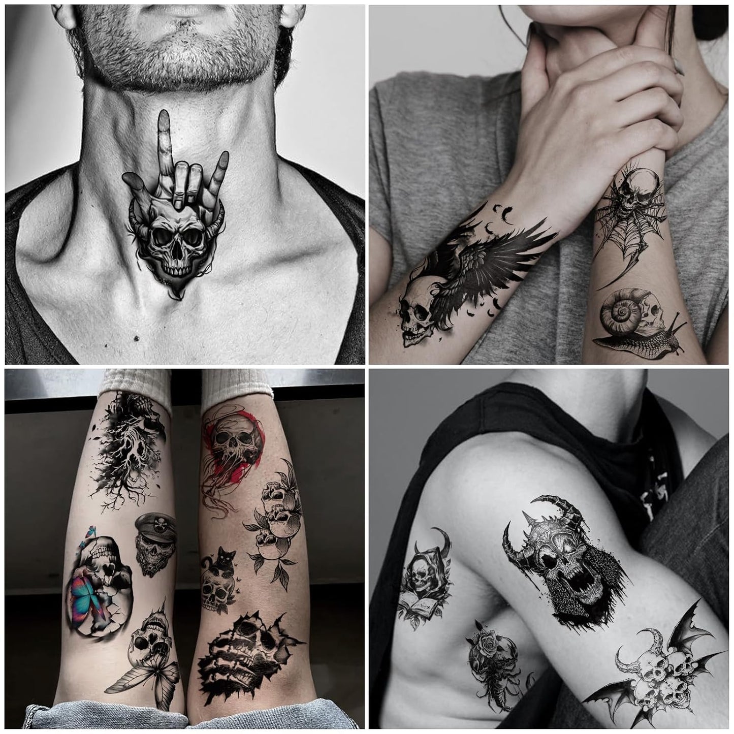 Skull Temporary Tattoos for Adults, 77 Sheets Skeleton Gothic Fake Tattoos for Men and Women, Black Large Sleeve Tattoo Stickers for Kids