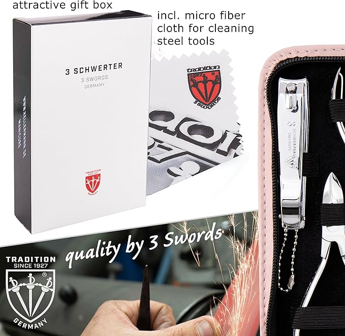 3 Swords Germany - brand quality 10 piece manicure pedicure grooming kit set for nail care scissors clipper pink synthetic leather case - Made by 3 Swords