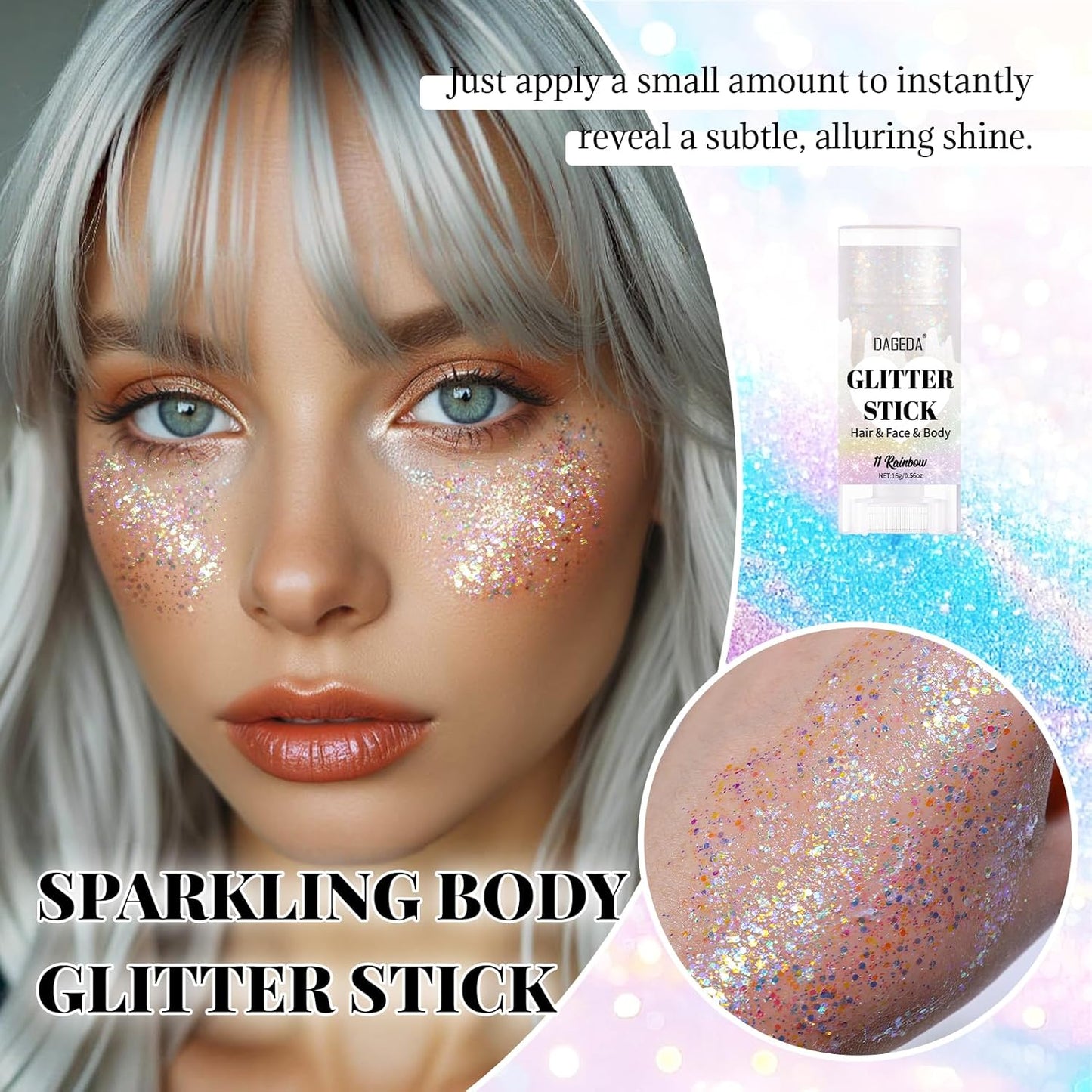 DAGEDA Rainbow Body Glitter Stick,Sparkly Face Glitter Makeup,Holographic Hair Glitters Mermaid Makeup Rave Outfits for Women, Shimmer Face Paint Stick Singer Concert Accessories