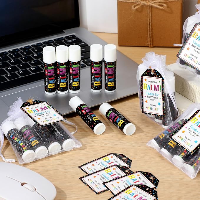 100 Pack Teacher Volunteers Appreciation Gifts Bulk Lip Balms Employee Staff Team Thank You Gifts Nurse Pastor Appreciation Favors You're the Balm for Women Men Coworkers Homeless