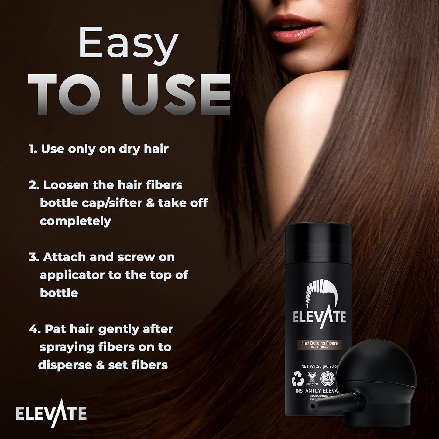 ELEVATE Hair Perfecting 2-in-1 Kit | Set Includes Natural Hair Thickening Fibers & Spray Applicator Pump Nozzle | Instantly Conceal & Thicken Thinning Balding Areas in Seconds Men & Women (Dark Brown)