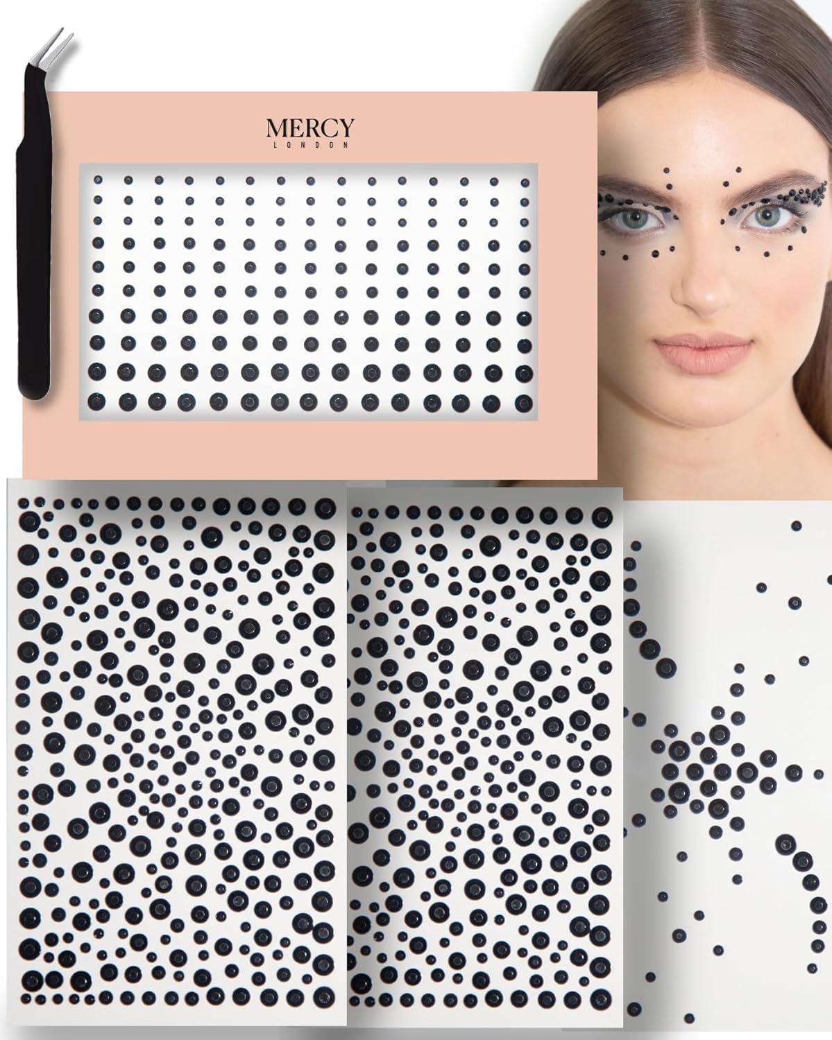 MERCY LONDON Face Gems in Black, 866 Self Adhesive Makeup Face Gem Stickers, 4 Sheets, Reusable Eye Gems, DIY Face Gems