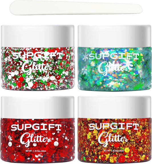 Christmas Body Glitter Gel SUPGIFT 4 Colors 8.5oz Holographic Chunky Mermaid Iridescent Laser Liquid Star Flower Leaf Sequins for Makeup Face Eyeshadow Hair with Spoon