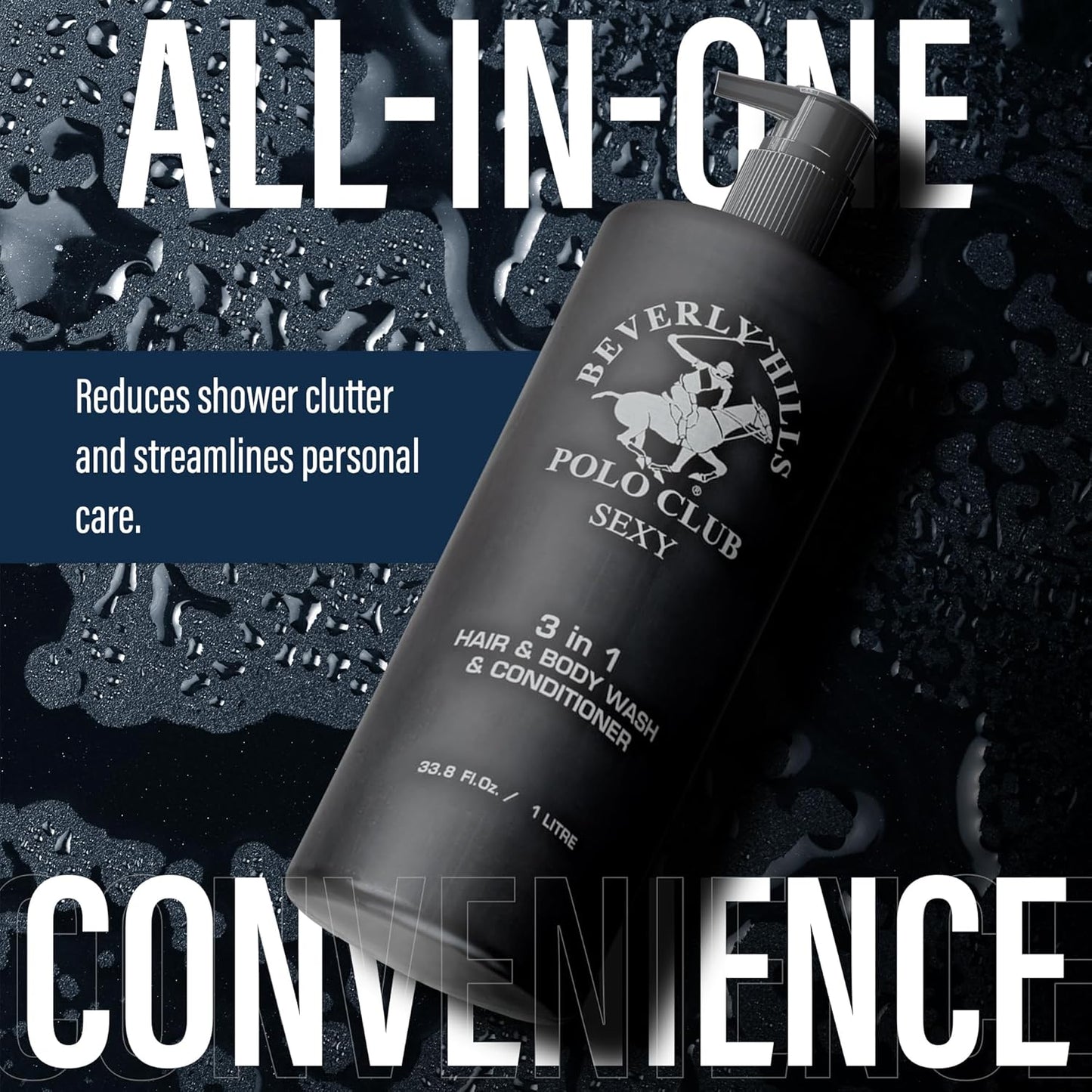 Beverly Hills Polo Club Men's 3-in-1 Shampoo Conditioner Body Wash - Luxury Scent Sexy - All Hair Types, 33.8 oz