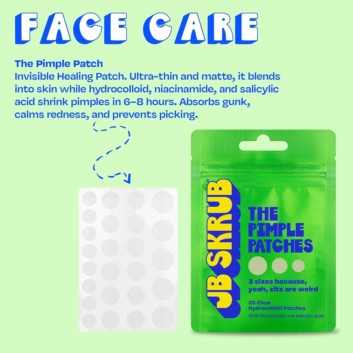 JB SKRUB The Pimple Patches for Face Acne, Ultra Discreet Clear Hydrocolloid Patches with Salicylic Acid & Niacinamide, Skin Care for Kids & Teens - 3 Packs of 25 Small, Medium & Large Spot Treatments