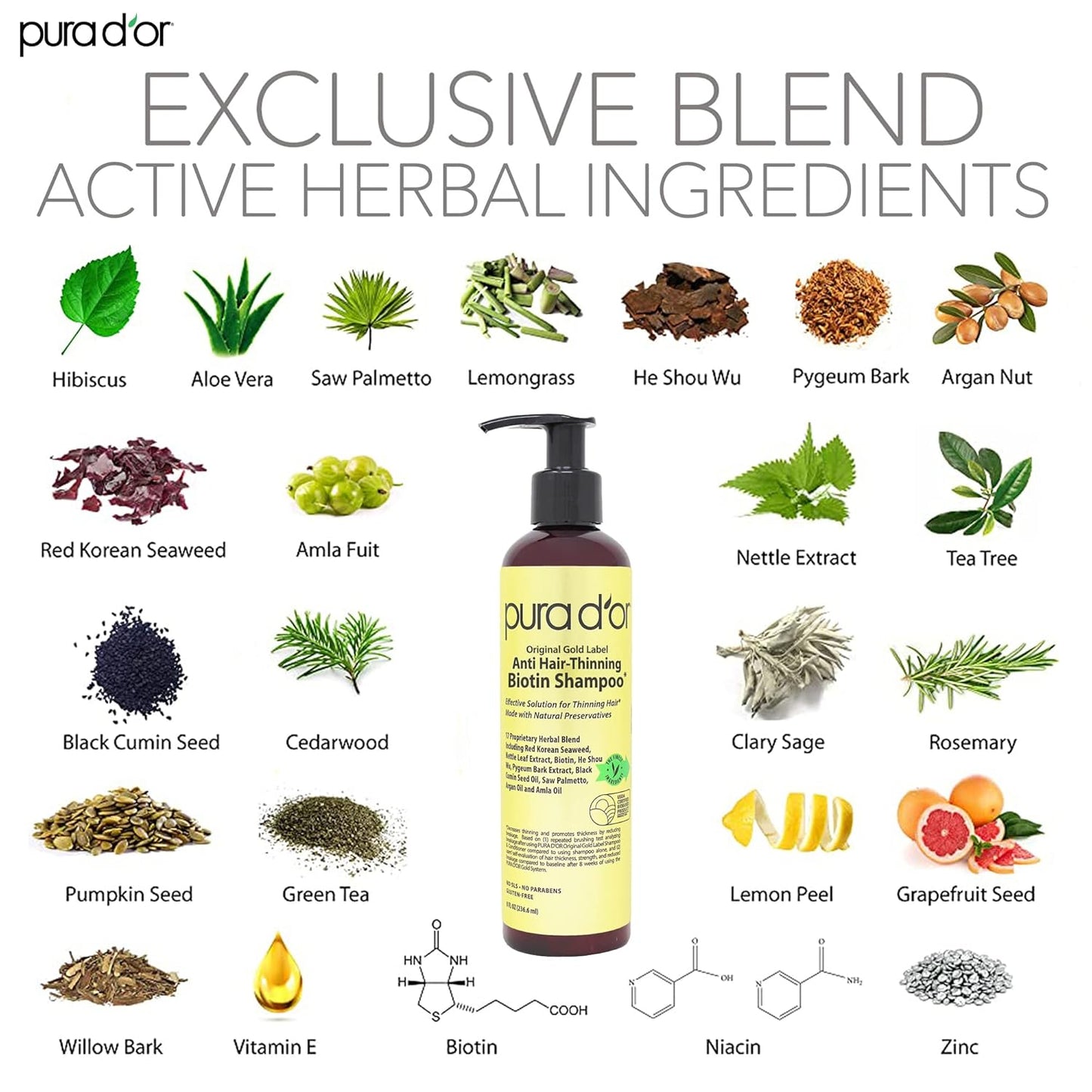 PURA D'OR 8 Oz Original Gold Label Anti-Thinning Biotin Shampoo Natural Earthy Scent, CLINICALLY TESTED Effective Results, Herbal Blend Hair Thickening Products, Women & Men, Color Treated Hair