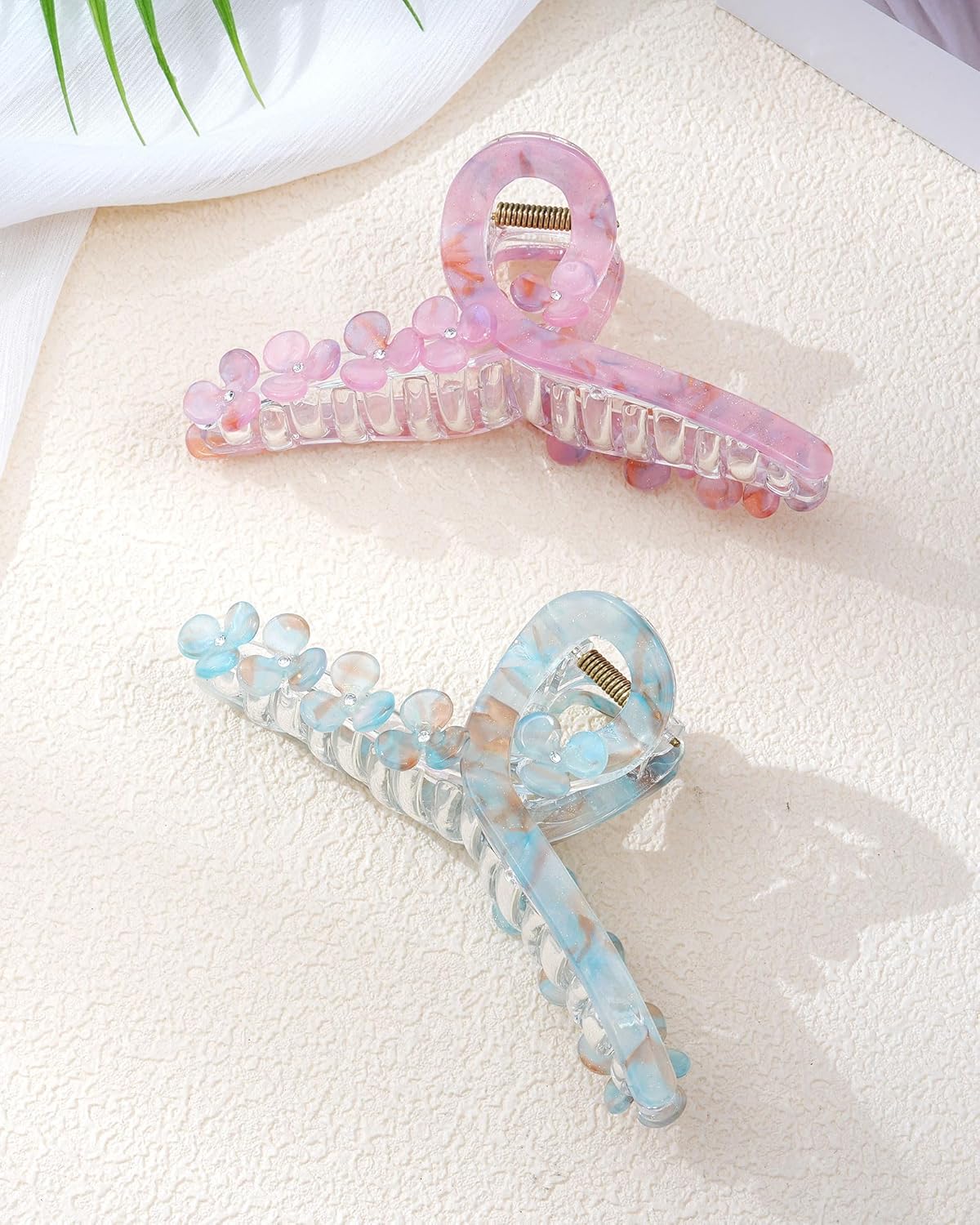 HOKEMP Large Hair Claw Clips for Women, 2 Pack Mermaid Acrylic 3D Flower Claw Clips for Thin & Thick Hair Styling Hair Accessories (Smoky Blue + Pink)