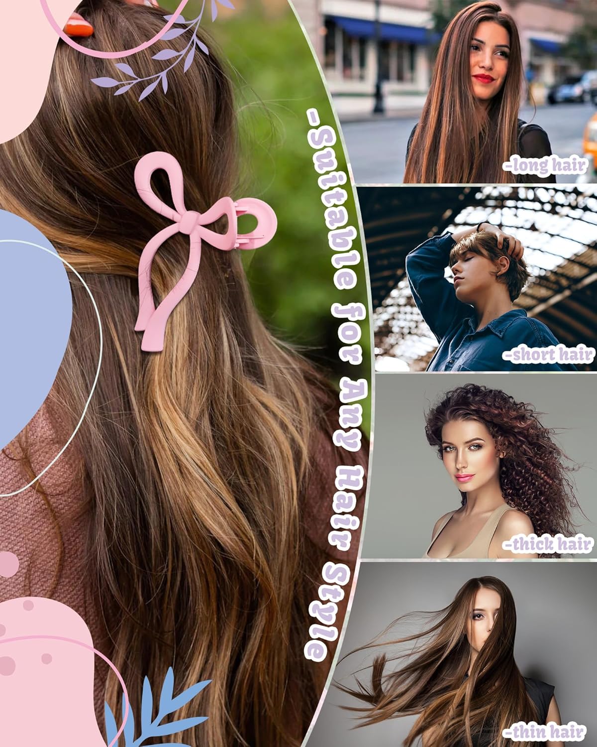 4 PCS Bow Hair Clips Bow Claw Clip for Women Nonslip Large Hair Claw Clips for Thin and Thick Hair Strong Hold Hair Bows (Pink+Green+Purple+Blue)