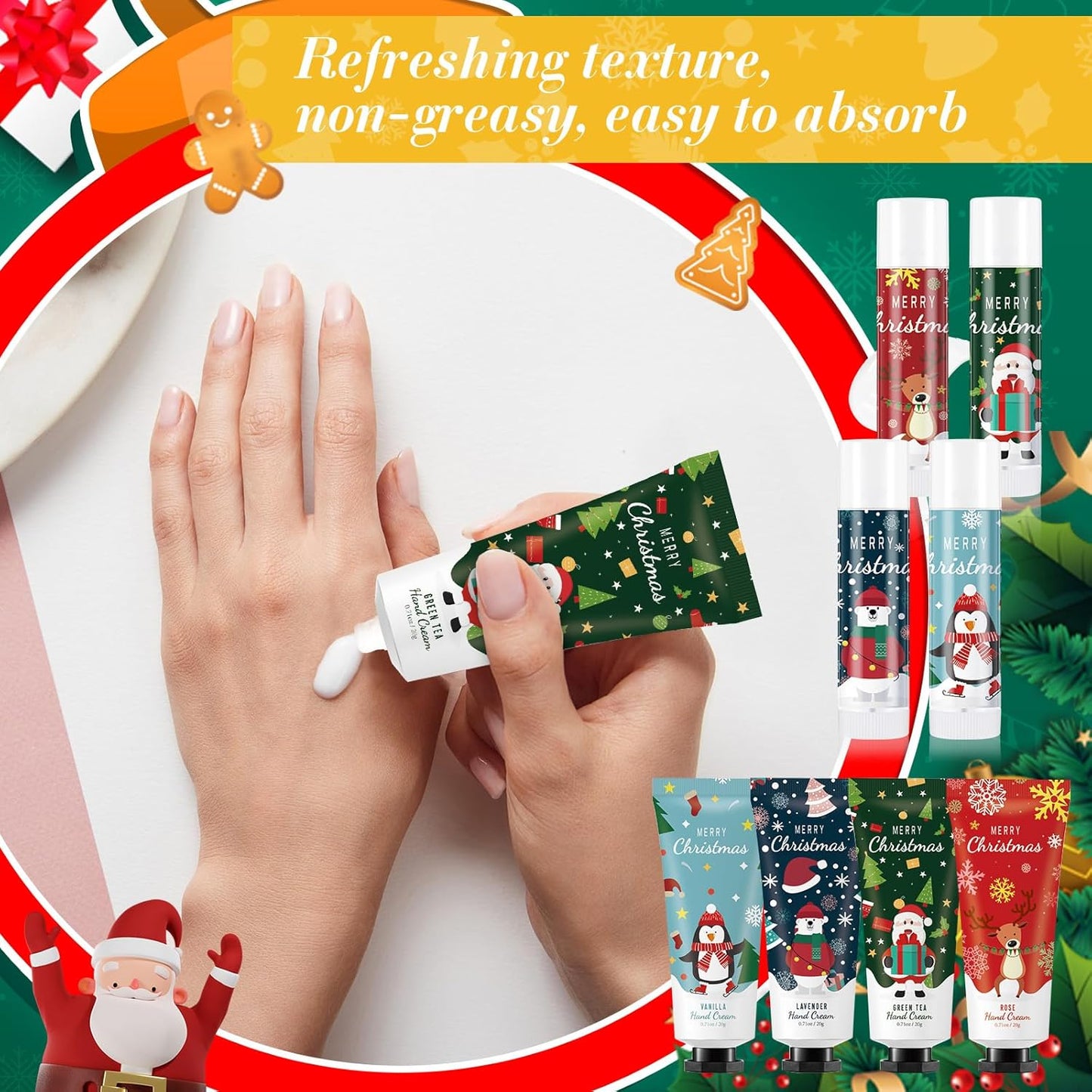 24 Set Christmas Hand Cream Gift Set, Including Moisturizing Christmas Hand Lotion, Xmas Lip Balm, Gauze Bags, Thank You Cards Natural Fragrant Xmas Cream with Lip Balm Gifts