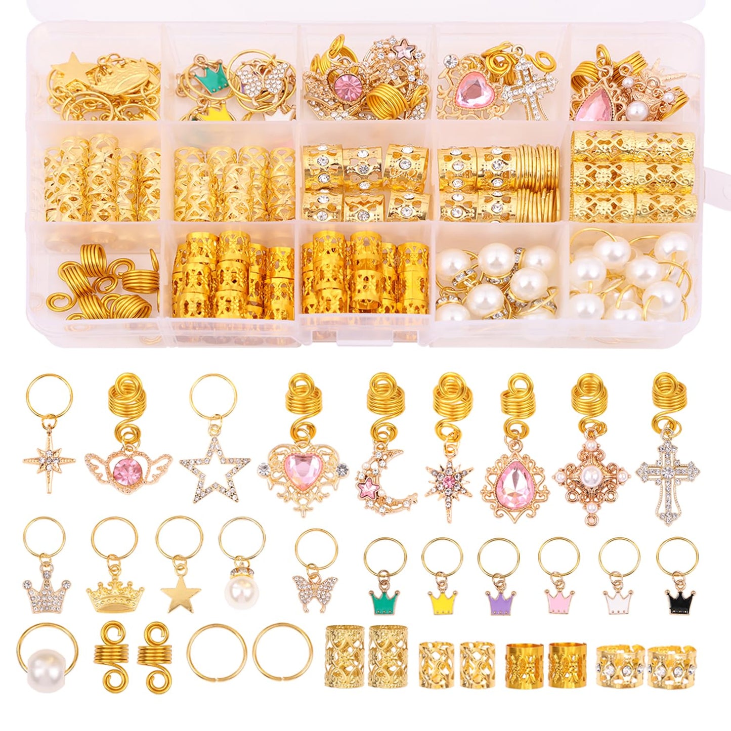 Leeven 173 Pcs Crystal Loc Dreadlocks Jewelry Gold Hair Jewelry for Braids Locs Jewelry for Hair Dreadlock, Locs Charms for Women, Crown Pearls Hair Rings Dreadlocks Hair Cuffs for Women Girls