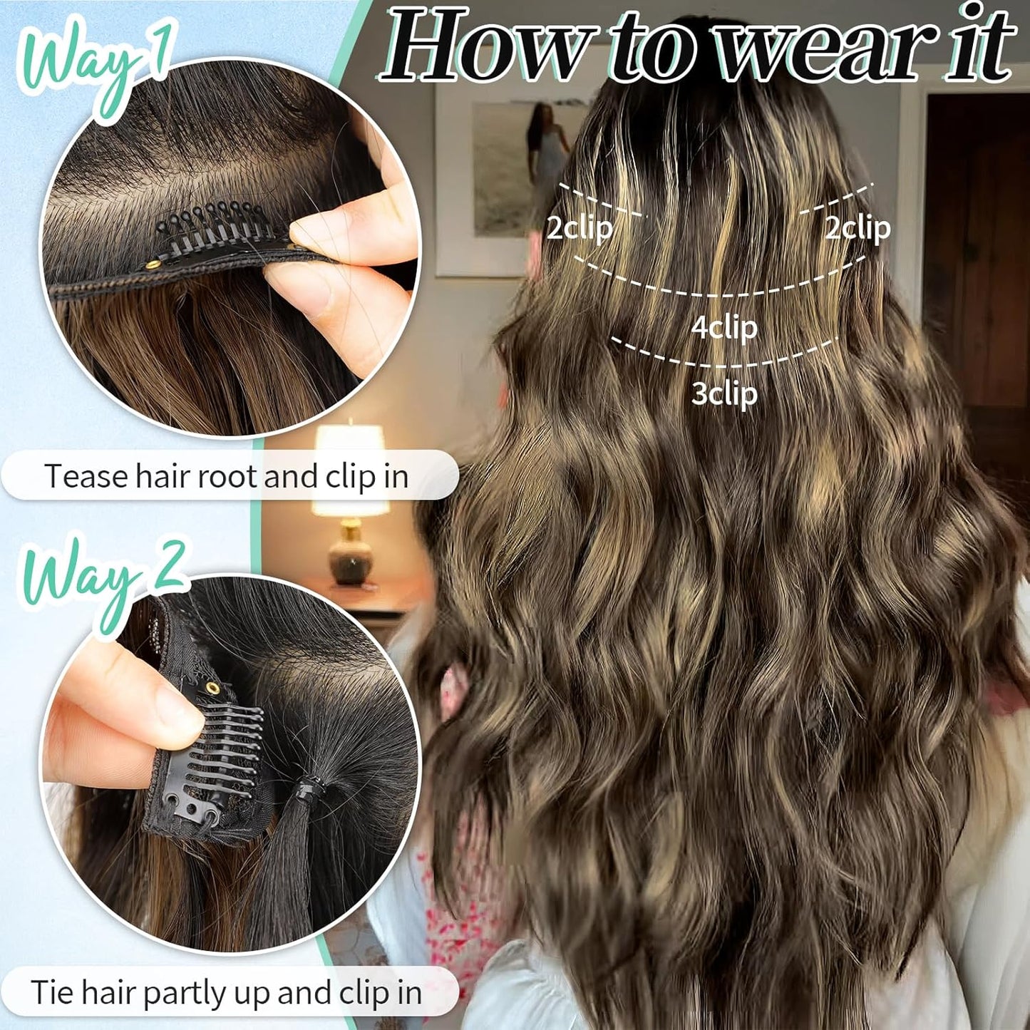 KooKaStyle Clip in Synthetic Hair Extensions Long Wavy 4PCS Thick Hairpieces Brown mix Sandy Blonde F6/18 Fiber Double Weft Natural Hair Extensions 20 Inch for Women