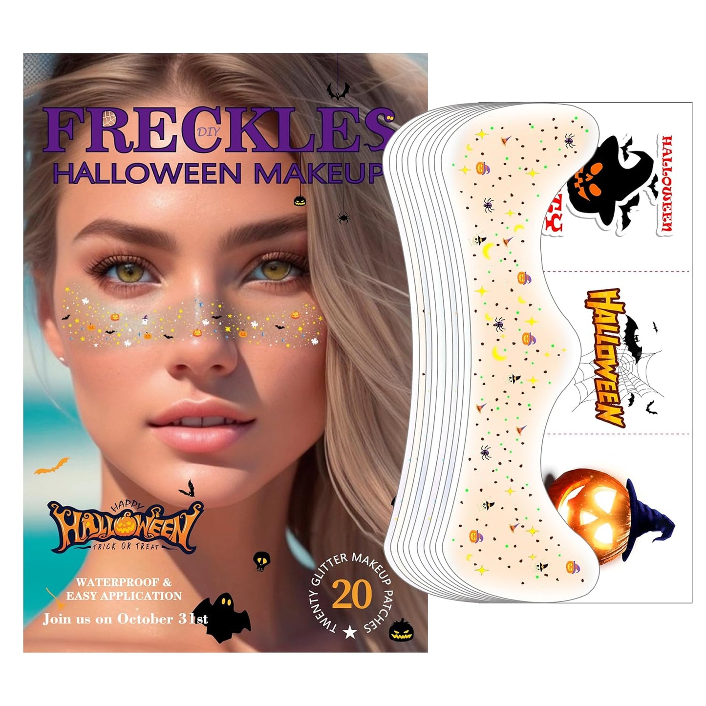 8 Pcs Halloween Face Gems Glitter Freckles Tattoos - Waterproof Face Jewels with Pumpkin Ghost Designs - Sparkling Face Makeup Stickers for Women, Kids, Party & Rave Supplies