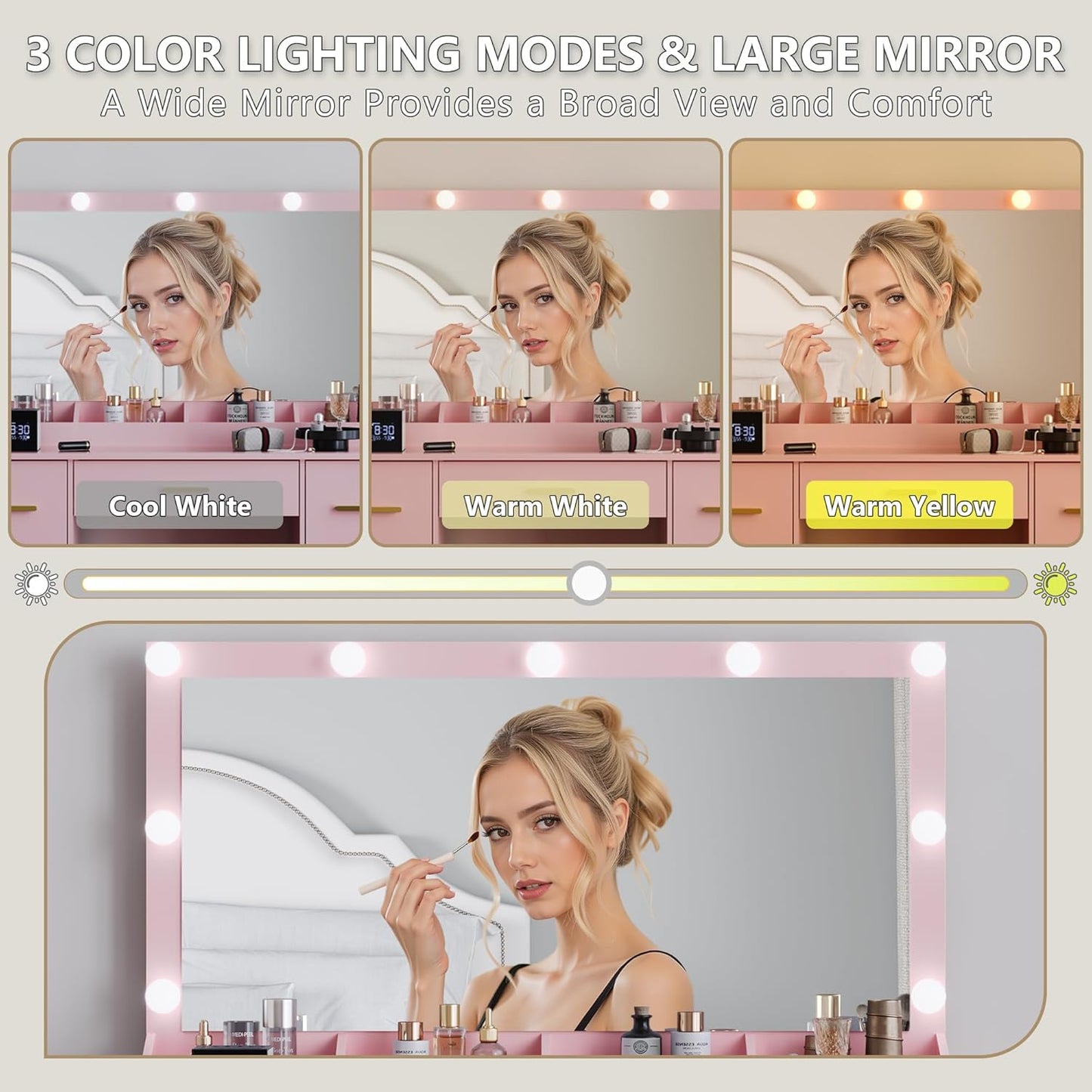 Makeup Vanity with Large Lighted Mirror and Chair, 7 Drawers Vanity Makeup Desk Table with Power Strip, Adjustable Lighting, and Cushioned Storage Stool for Women, Girls