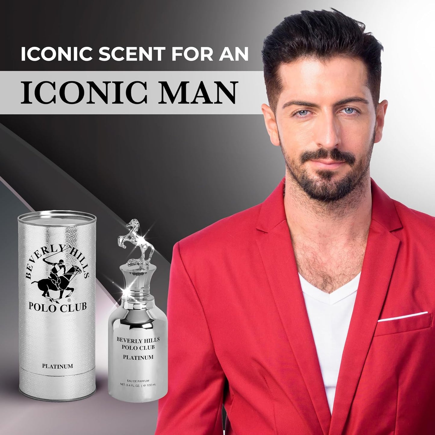 Beverly Hills Polo Club PLATINUM Eau de Parfum for Men - 3.4 Fl Oz Long-Lasting Fragrance with Iconic Metal Horse Cap & Premium Cylinder Box
