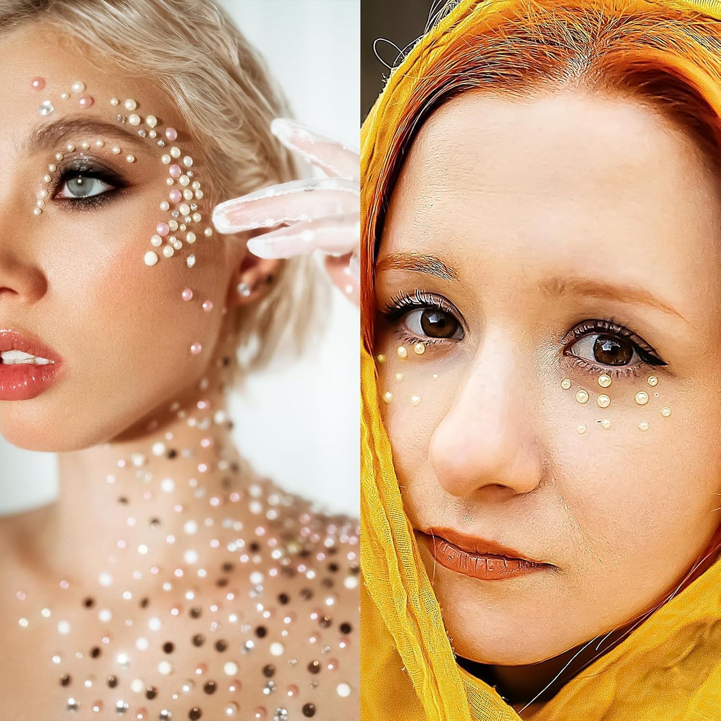 Self Adhesive Face Gems and Pearls for Makeup, Festival Jewels, Hair Gems, Rhinestone Stickers for Face, Eye, Makeup, Nail, Body, Crafts 3/4/5/6 mm 975Pcs (21.Pearl_Beige)