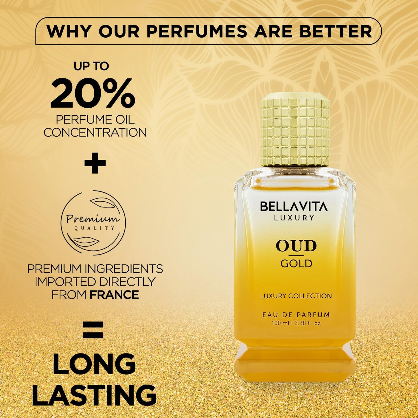 BellaVita Luxury OUD Gold Eau De Parfum (100ml) Unisex | Aromatic Arabian Perfume | Infused with Sweet Caramel, Orris, Rose, Jasmine | Arabic Gold OUD Perfume for Women & Men
