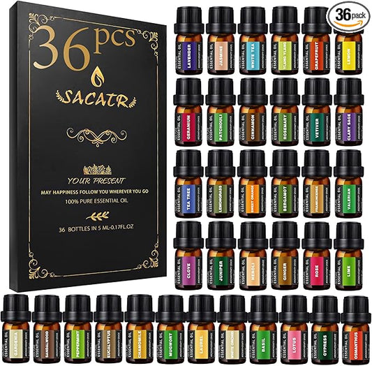 Pure Essential Oils Set - 36 Scents for Aromatherapy, Diffuser, Massage & DIY (5mL Each)
