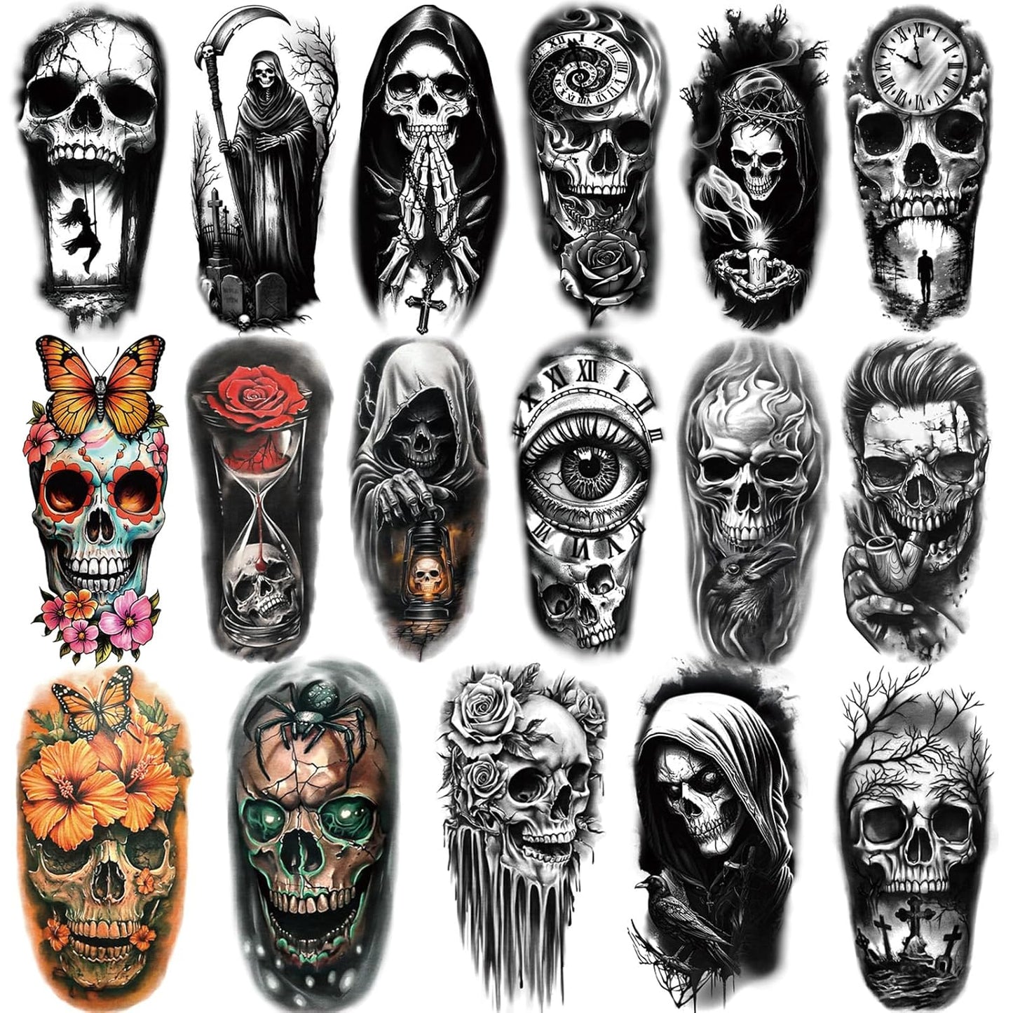 Skull Temporary Tattoos for Adults, 77 Sheets Skeleton Gothic Fake Tattoos for Men and Women, Black Large Sleeve Tattoo Stickers for Kids