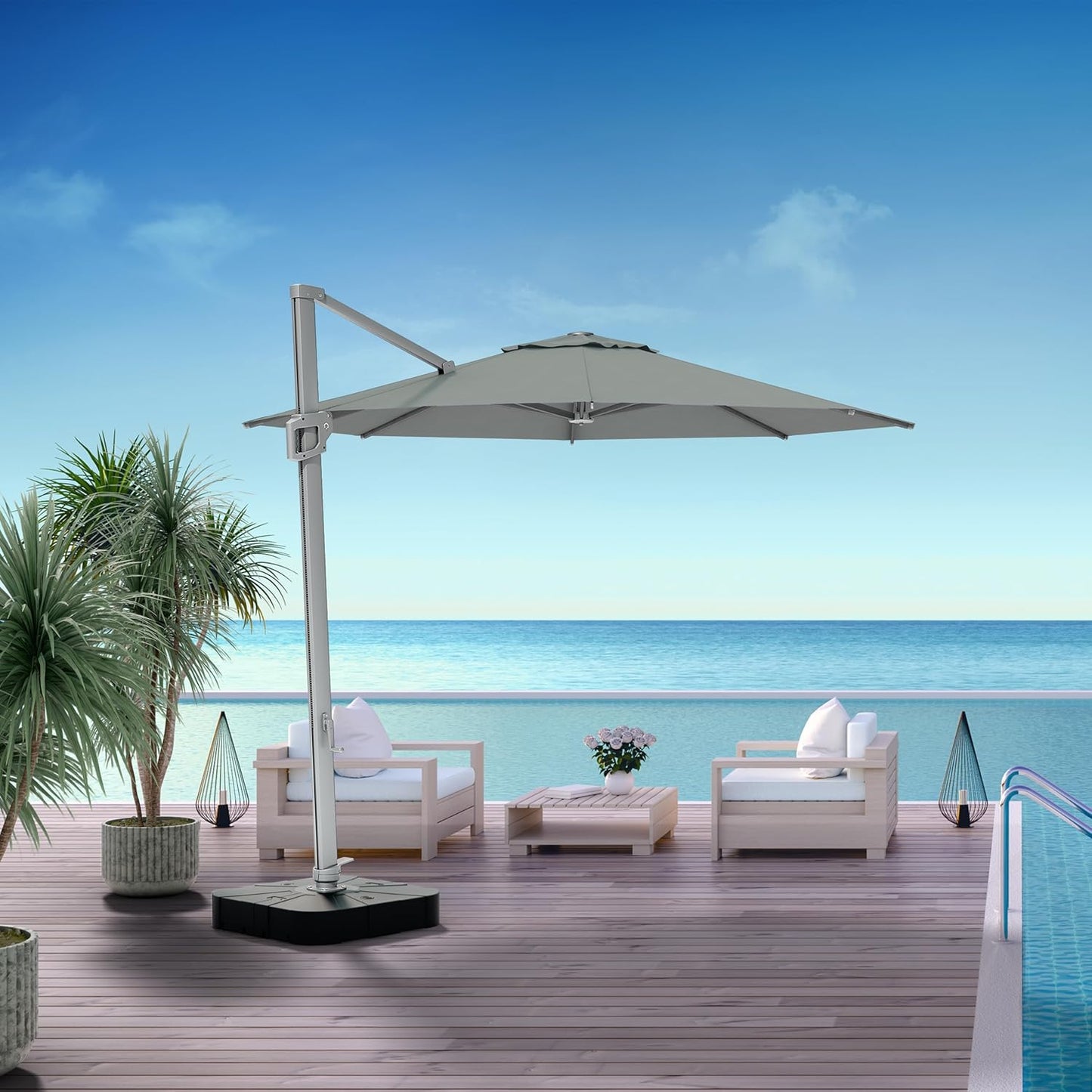 Midtown Umbrellas 10 Ft Outdoor Cantilever Patio Umbrella w/Terylast Matter Grey Fabric - Rotate 360° Offset Patio Umbrella, Deck Patio Umbrella, Backyard Umbrella & Garden Umbrella - Silver Frame