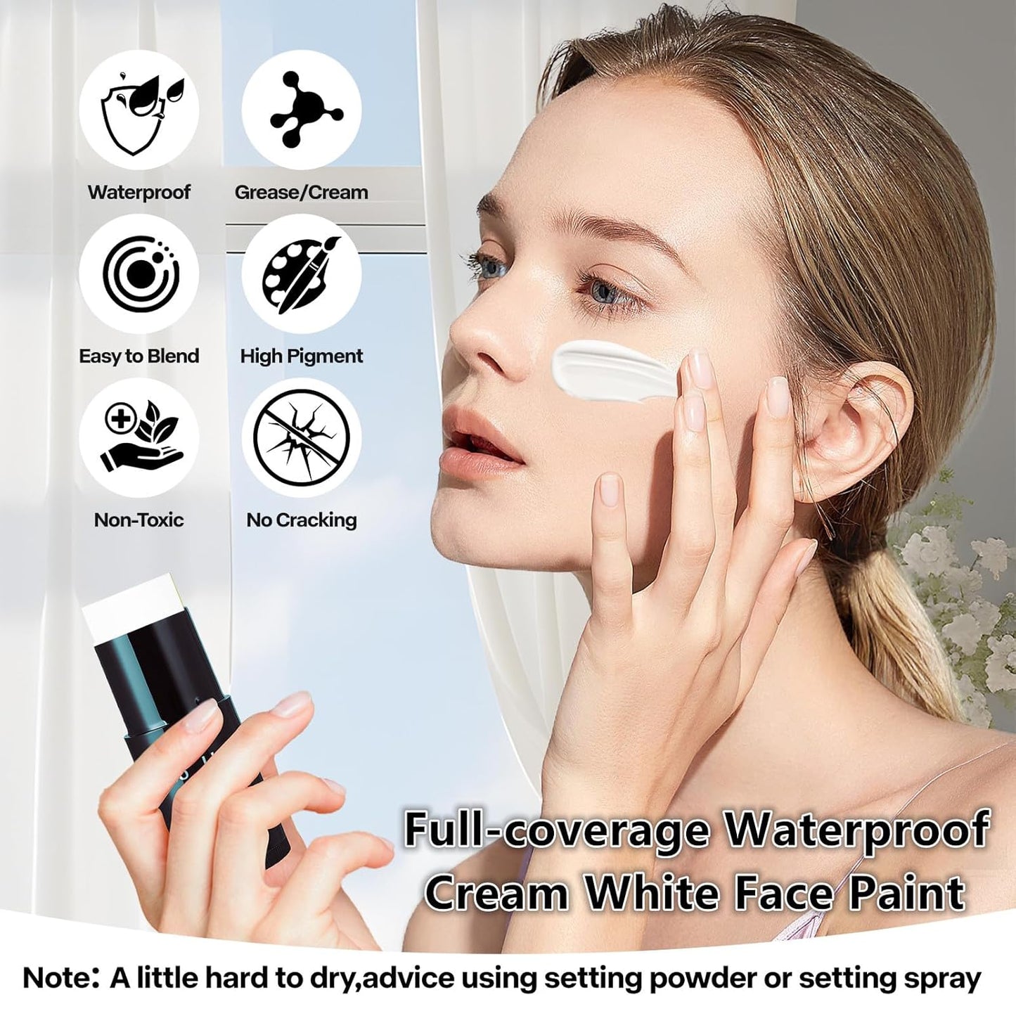 Go Ho Cream-Blendable Clown White Face Paint Stick,Full-coverage Waterproof Face Body Paint for Halloween Cosplay Jokester Zombie Vampire Skeleton Clown SFX Makeup,White Eye Black Stick