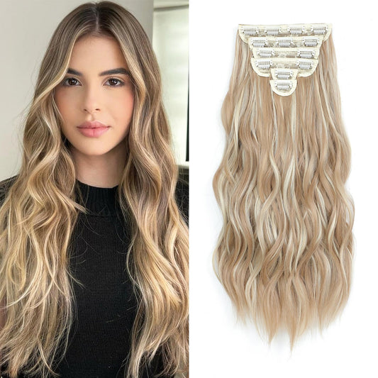 Clip in Hair Extensions, 6 PCS Natural & Soft Hair & Blends Well Hair Extensions, Synthetic Long Wavy Hairpieces(24inch, 6pcs,Honey Blonde with Platinum Highlights)