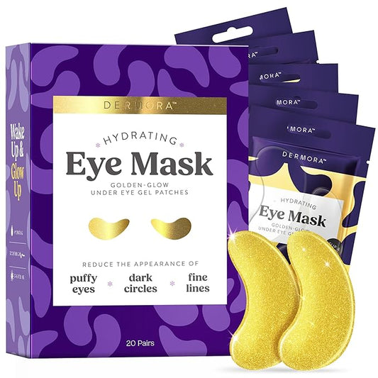 DERMORA Golden Glow Under Eye Patches (20 Pairs Eye Gels) - Rejuvenating Treatment for Dark Circles, Puffy Eyes, Refreshing, Revitalizing, Travel, Wrinkles