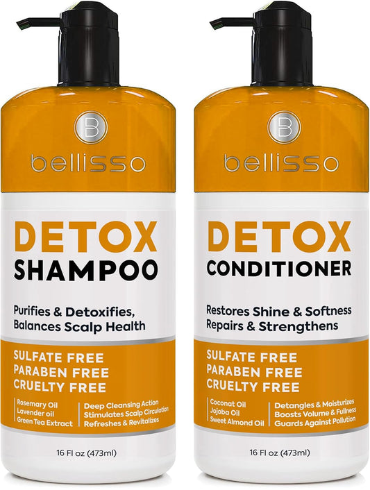 Detox Shampoo and Conditioner Set - Ideal for Oily Hair Men and Women - Remove Product Buildup - Sulfate and Paraben Free, with Scalp Clarifying and Detoxifying Properties - With Rosemary Oil