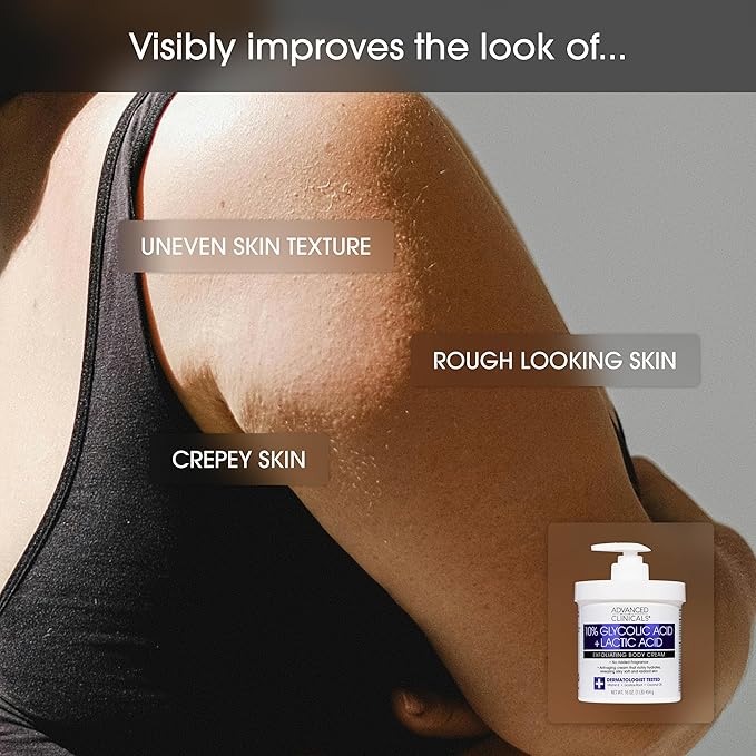 Advanced Clinicals Brightening Vitamin C Body Cream + AHA Exfoliating 10% Glycolic Acid & Lactic Acid Lotion 2PC Skincare Set For Women & Men To Reduce Appearance Of Dark Spots & Uneven Skin Tone