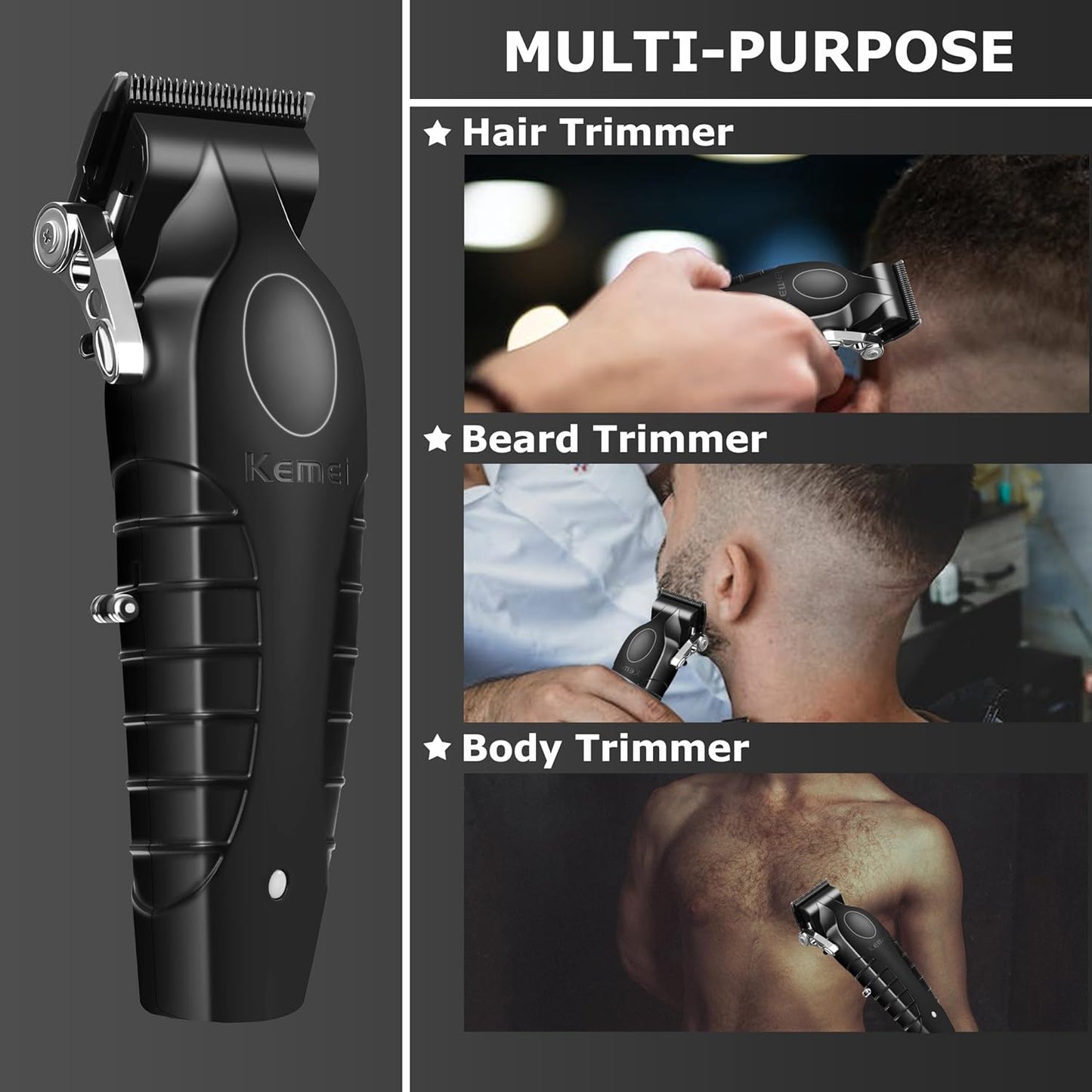 KEMEI 2296 Professional Hair Clippers for Men Cord/Cordless Hair Cutting Kits, Hair & Beard Trimmer, T Blade Barber Clipper with USB Rechargeable, Black