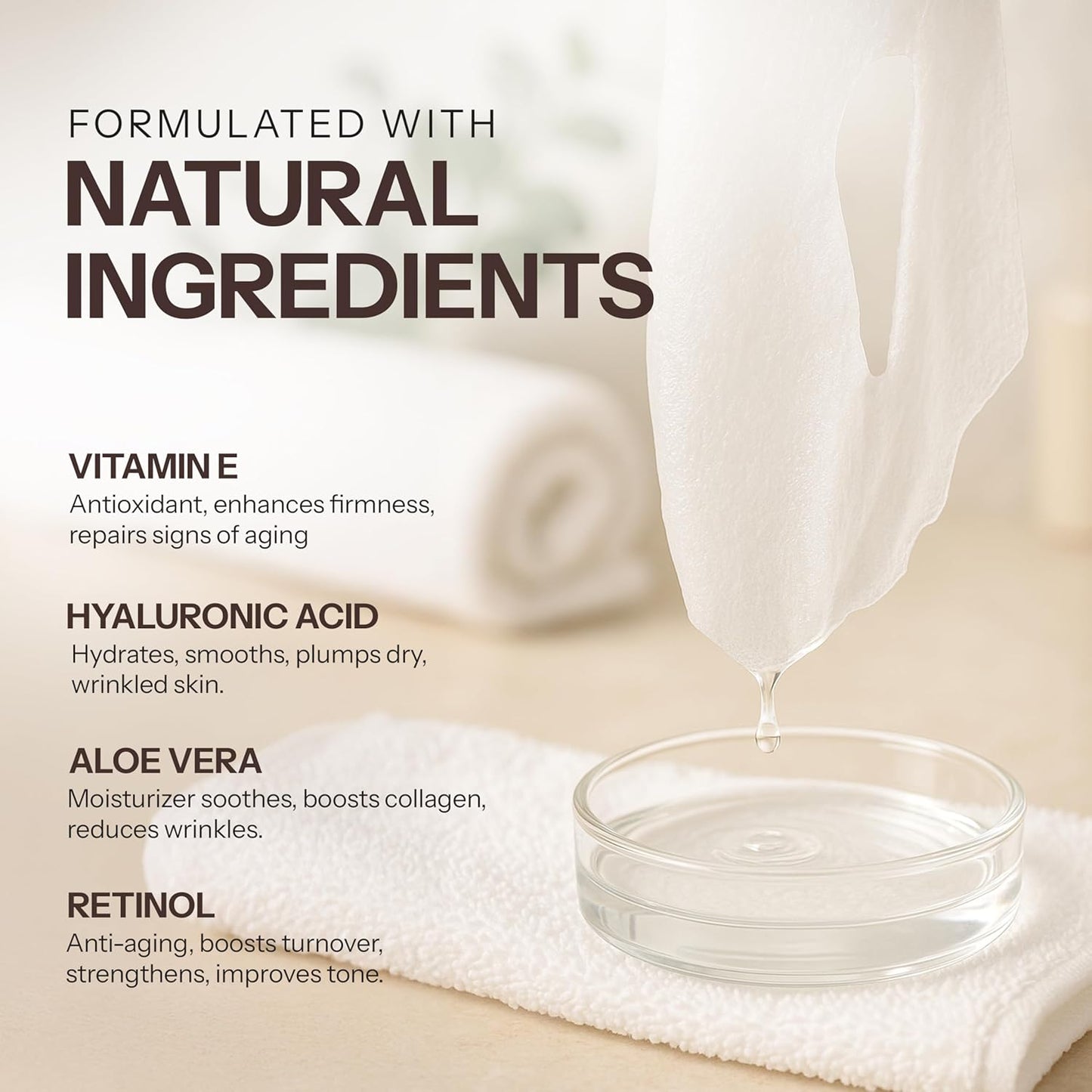 Retinol & Vitamin E Sheet Mask - Anti-Aging, Acne Scar & Hyperpigmentation - Hydrating, Dermatologist Tested Korean Skincare - Clean Beauty, Cruelty-Free, All Skin Types - 5 Masks