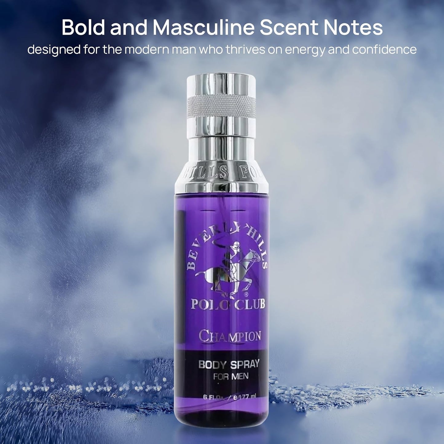 Beverly Hills Polo Club Body Spray for Men - BHPC Champion - Notes of Vanilla, Lily, Oakmoss & Patchouli - Long Lasting Body Mist Cologne Scent - Ideal Gift for Him, 6oz