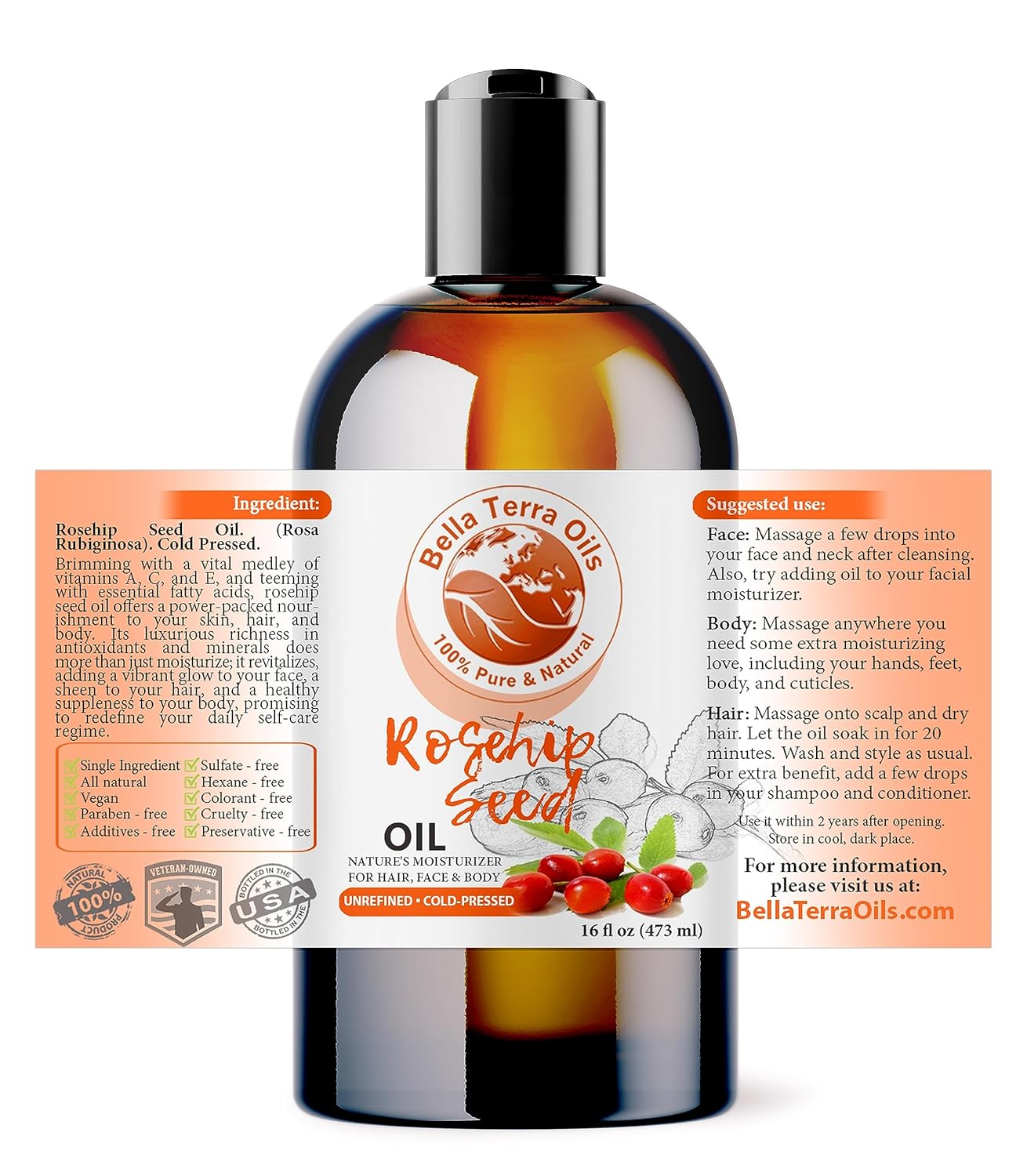 Bella Terra Oils Organic Rosehip Oil for Face, Pure Cold-Pressed Rose Hip Seed Oil for Skin & Hair, Natural Moisturizer & Anti-Aging Facial Oil 16oz