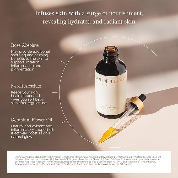 Organic Skin Care Products Made in USA, Vegan, Cruelty Free, Moisturizing + Hydrating Beautifying Body Oil with Rose Hip Oil, 4fl oz/118ml, Oasis