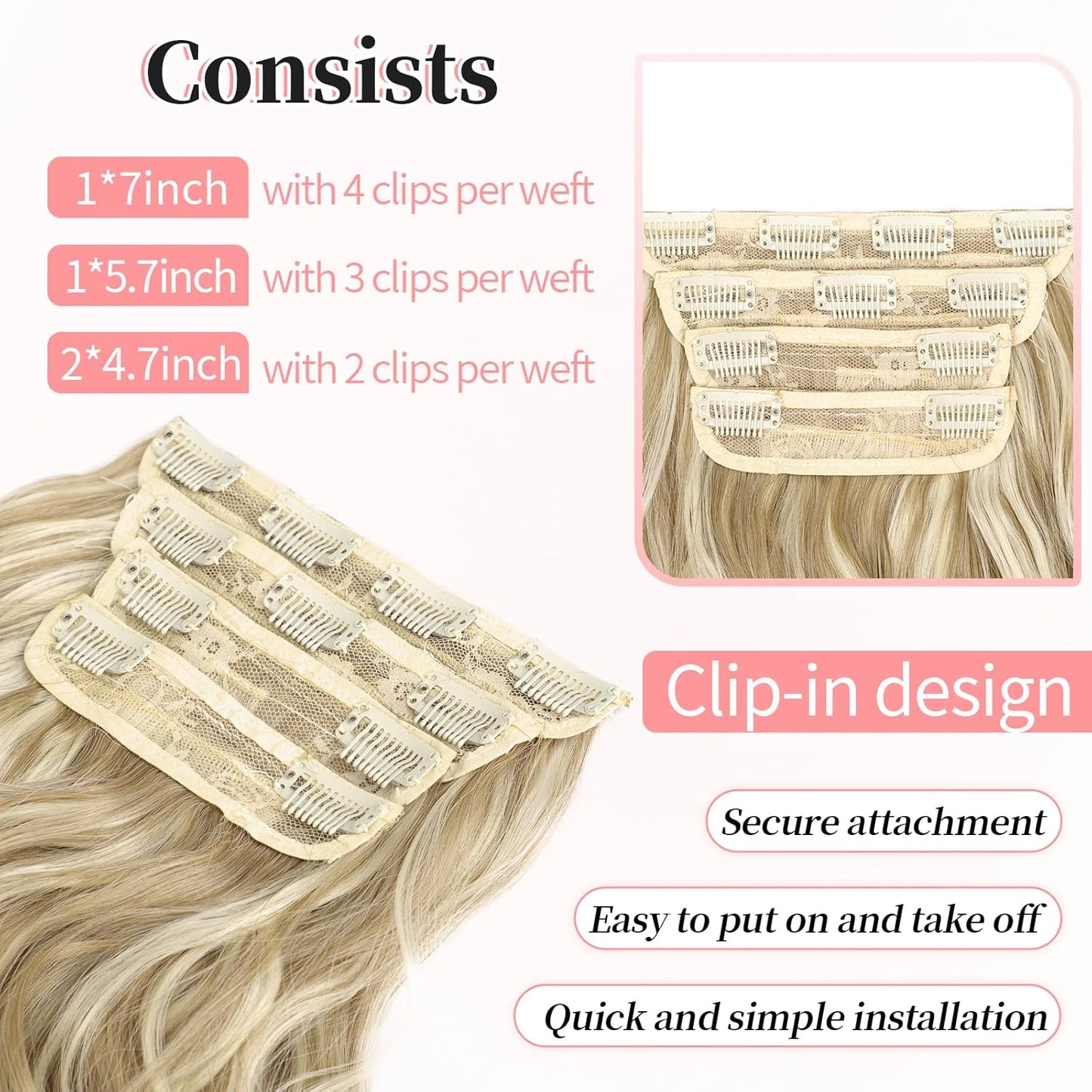 KooKaStyle Beach Blonde Hair Extensions Clip in Synthetic Highlight Hair Extensions Long Wavy 4PCS Thick Hairpieces 20 Inch for Women