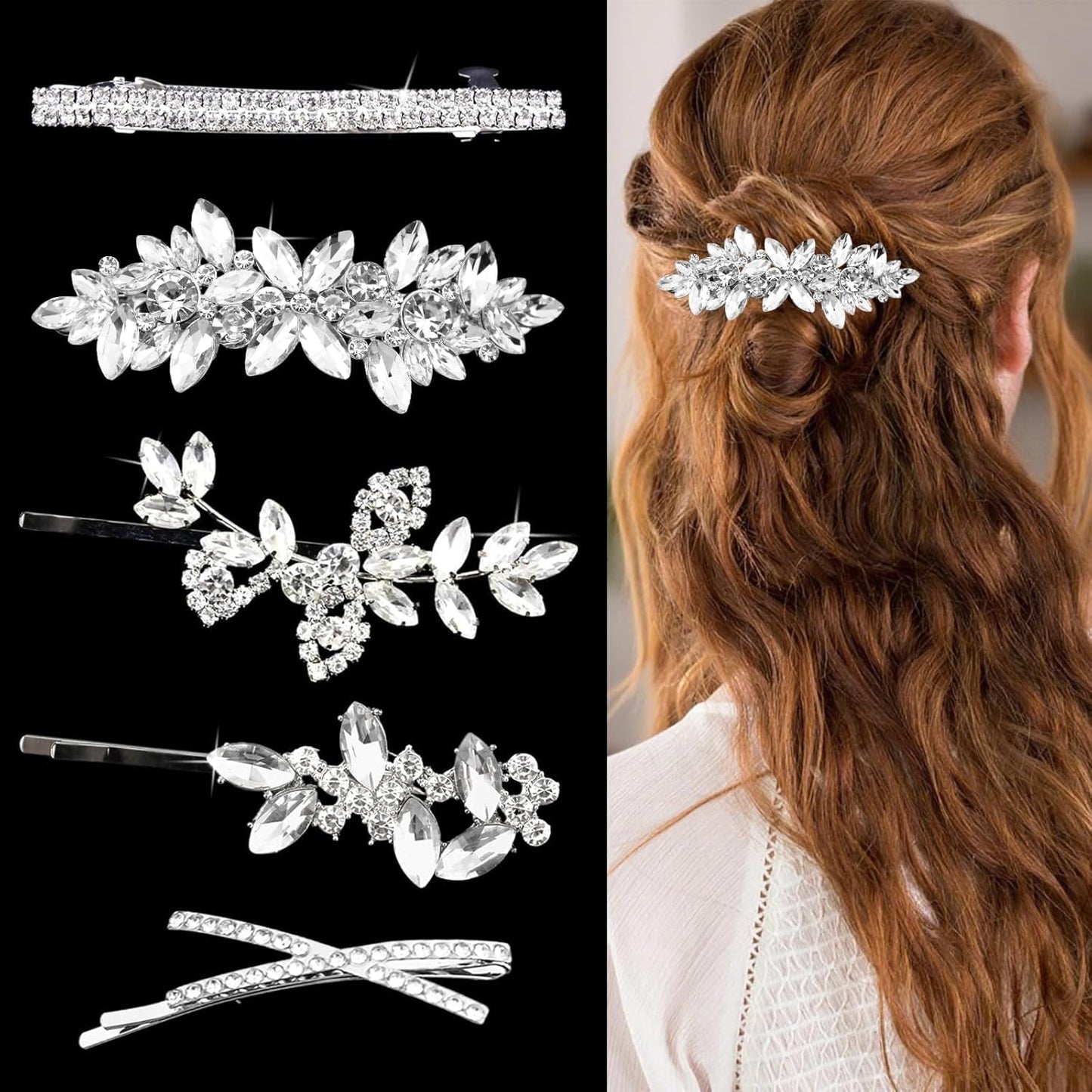 5 PCS Rhinestone Hair Clips Elegant Wedding Hair Pins Crystal Barrette Leaf Flower Bobby Pins Sparkly Fancy Hair Accessories for Women Brides Bridesmaids