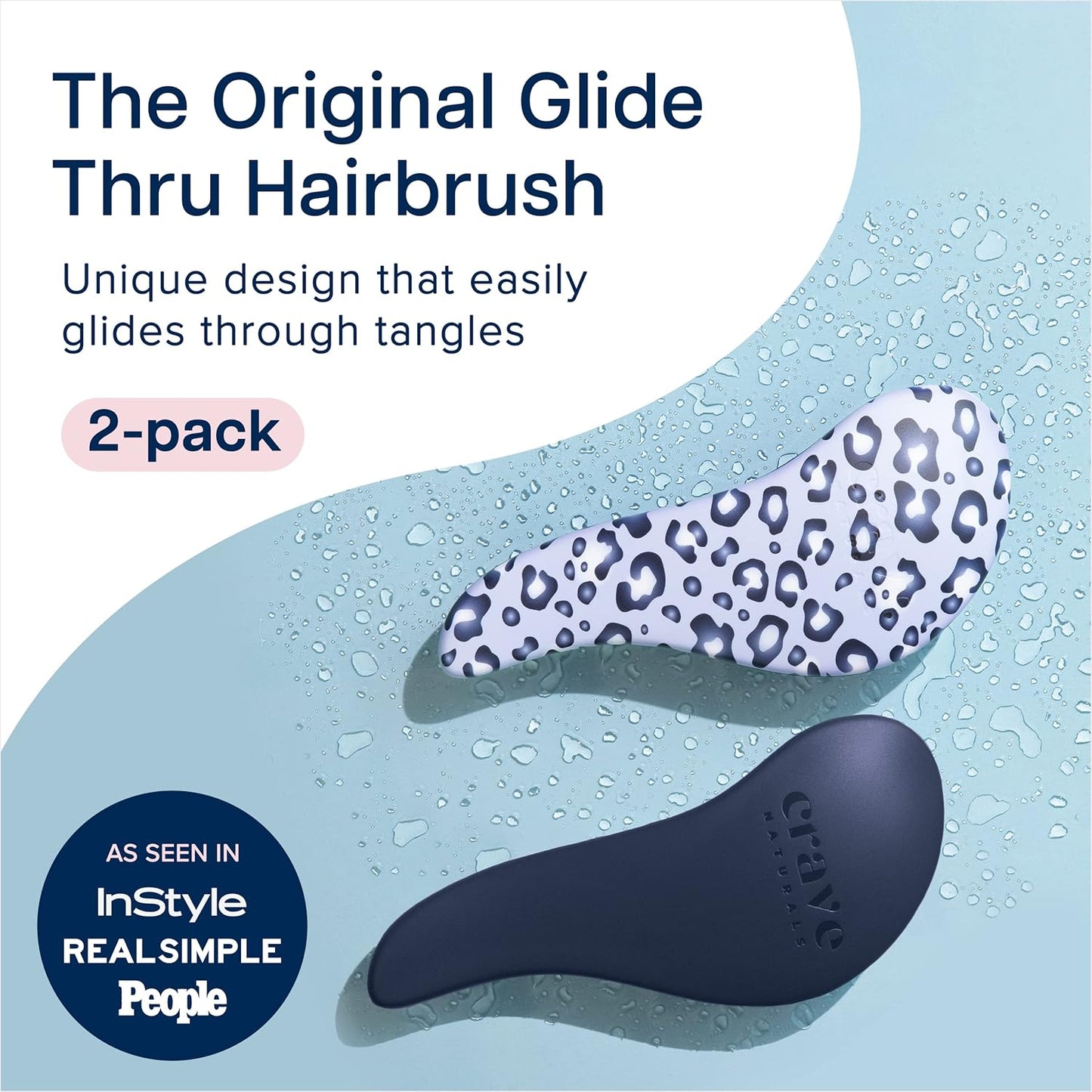 Crave Naturals Glide Thru Detangling Hair Brush for Adults and Kids - Detangler Hairbrush for Curly or Straight, Wet or Dry Hair - Gentle on Tangles Comb - Navy Blue and Blue Cheetah (Pack of 2)