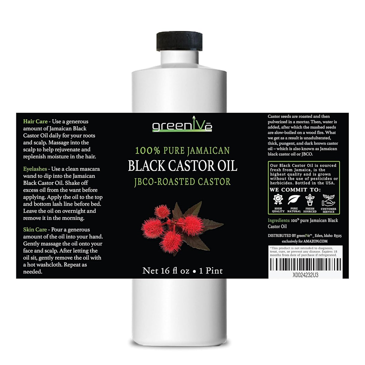 GreenIVe Jamaican Black Castor Oil JBCO Organically Grown 100% Pure Great For Hair and Topical Uses (16 Ounce)